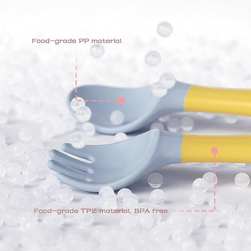 Toddler Utensils with Travel Case, Baby Spoon and Fork Set for Self-Feeding,Silicone Bendable Handle, Easy Grip Heat-Resistant, Self-Feeding Flatware Sets for Kids (2 Set, Yellow Green)