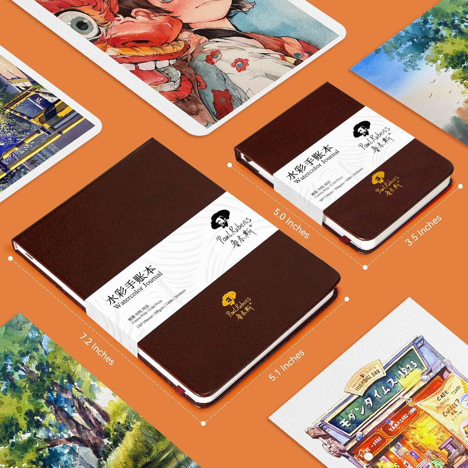 Paul Rubens Watercolor Journal, 100% Cotton Acid-Free Cold Press Watercolor Sketchbook 3.54 * 5.04 Inches, 140Lb/300Gsm,20 Sheets for Watercolors, Gouache, Acrylics image number 1