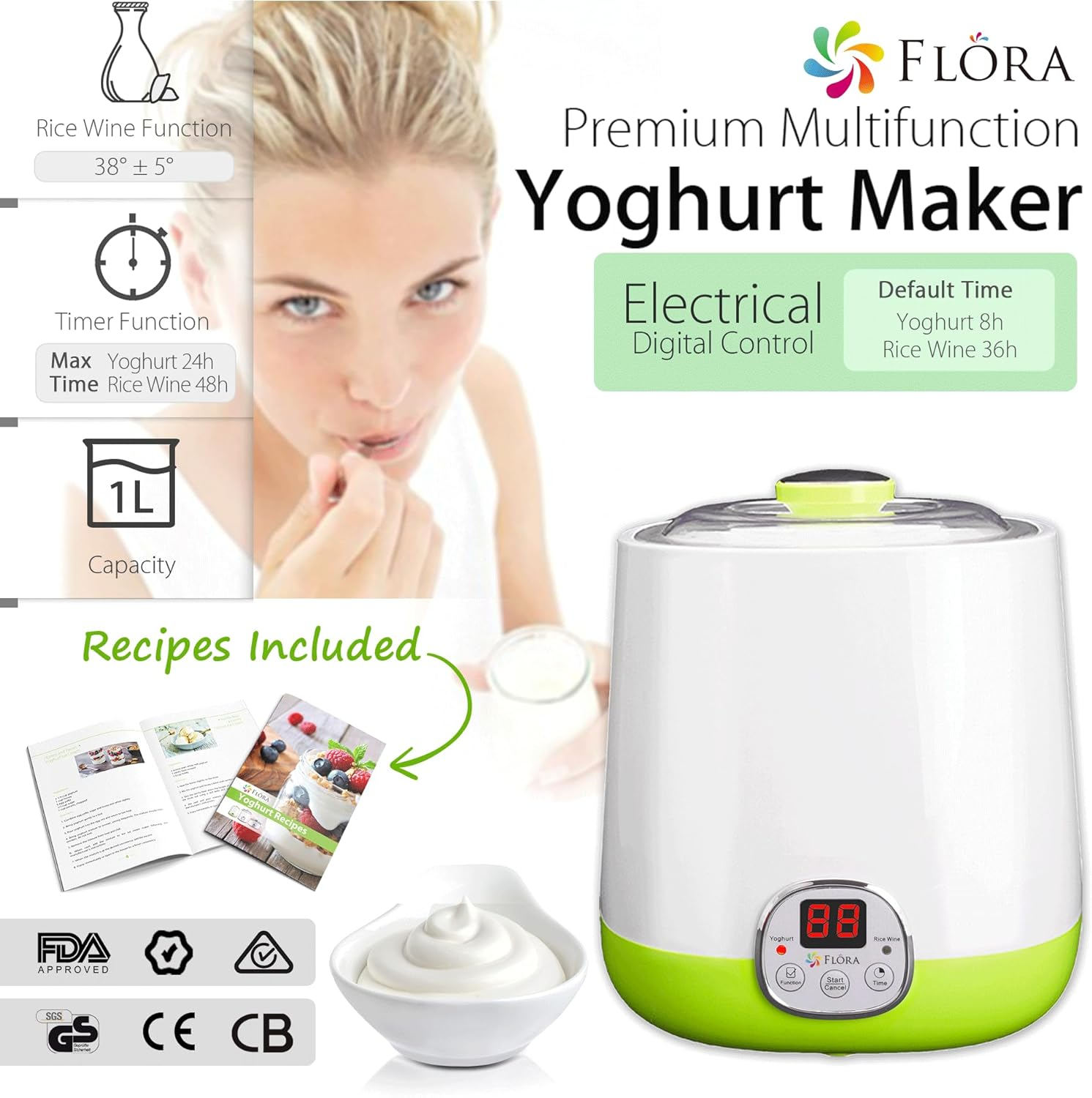Flora Electric Yoghurt Maker and Rice Wine Machine, 1L Automatic Fermentation Maker with Food Grade Bpa-Free Jar, DIY Homemade Yoghurt and Rice Wine Maker, AU Plug, FL-YME-110