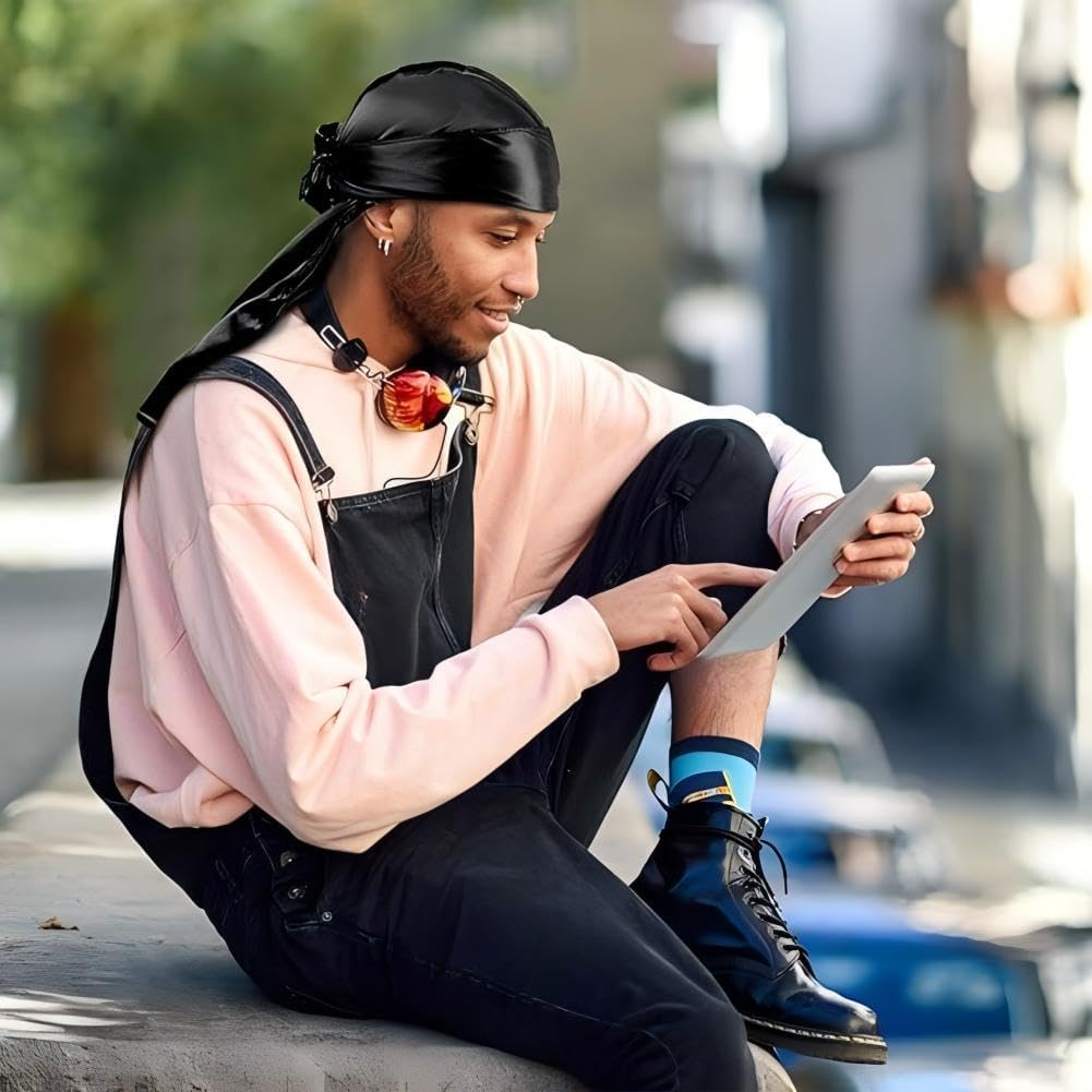 Quxyxso Silky Durag Caps Headwraps with Long Tail，4 Pack Unisex Satin Durags Wide Straps Headwraps for Men Women Pirate Caps Head Wrap Beanie Hats Waves Silky Durag Cap Black image number 5