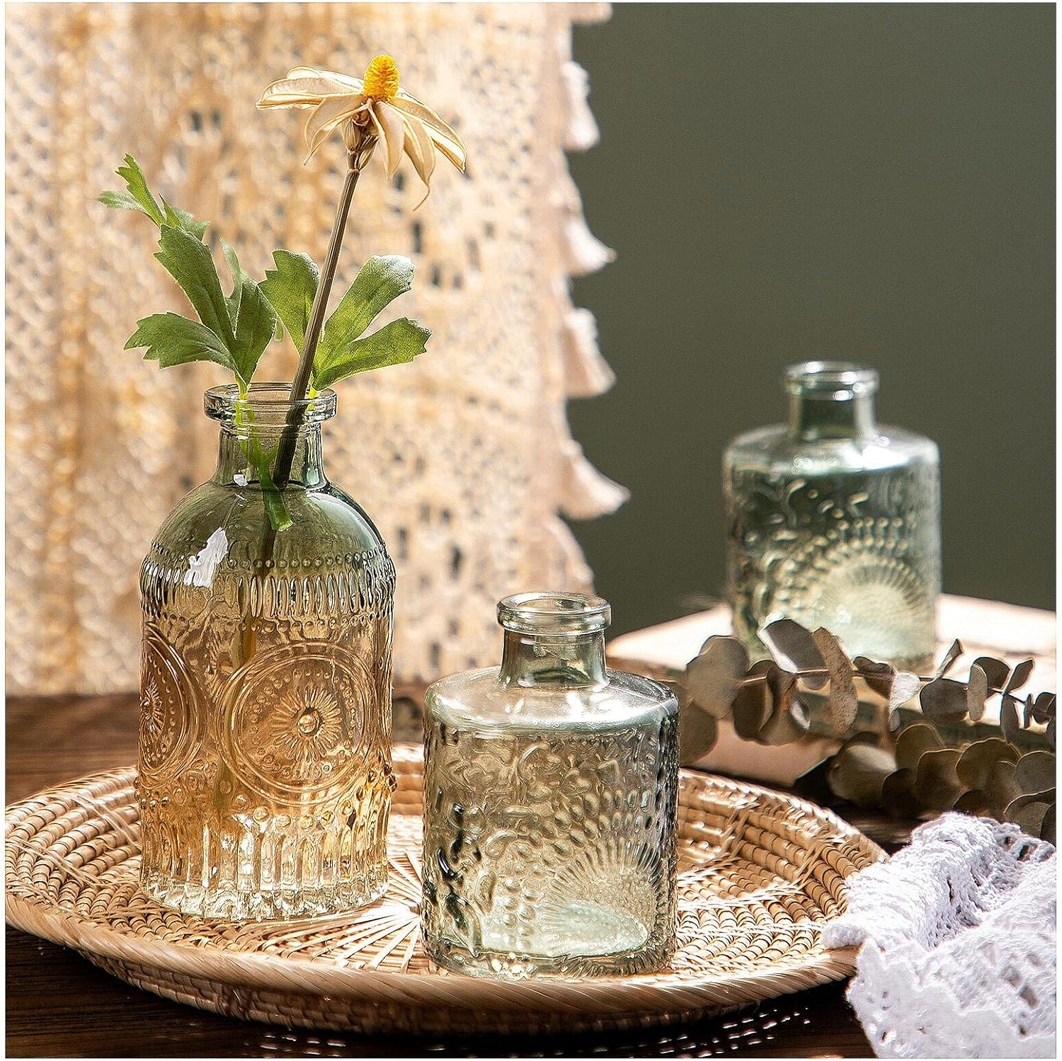 Glass Bud Vase Set of 3, Small Flower Vases for Decorative, Gradient Glass and Embossed Style Mini Glass Bottles for Home Decor, Vintage Glass Bottles for Centerpiece 3.3"-5.2''H(Green)