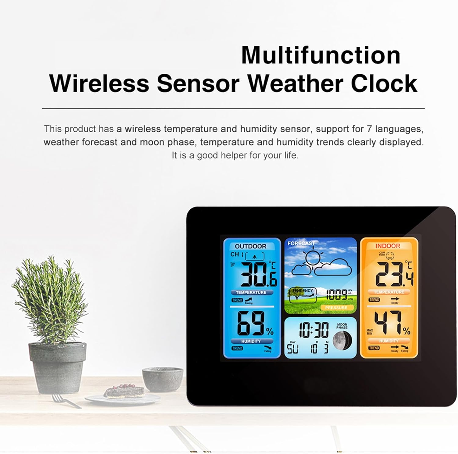 ACAGALA FJ3373 Multifunction Digital Weather Station LCD Alarm Clock Indoor Outdoor Weather Forecast Barometer Thermometer Hygrometer with Outdoor Sensor USB Power Cord