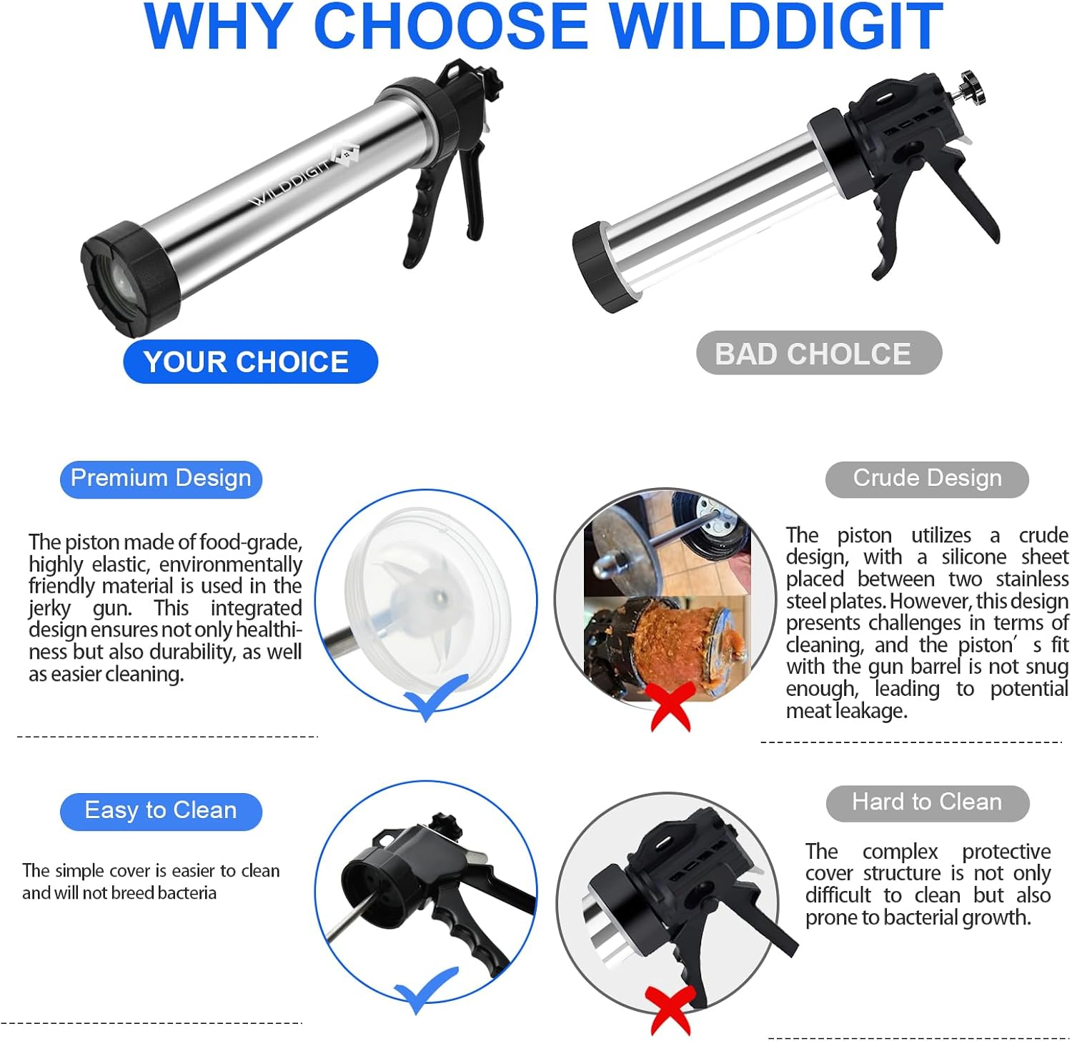 WILDDIGIT 3Rd Gen 2.1 LB Professional Jerky Gun Kits, Sausage Stuffer, Stainless Steel Jerky Maker, Jerky Shooter, Beef Jerky Making Gun with 5 Nozzles, 1 Meat Pusher and 5 Cleaning Brushes image number 1