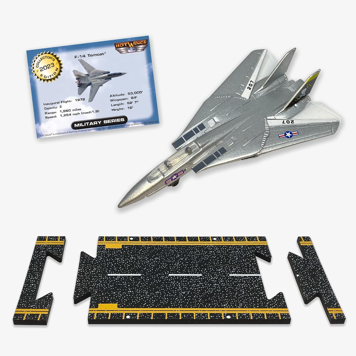 Hot Wings Planes F-14 Tomcat Jet (Jolly Rodgers) with Connectible Runway, Silver image number 3