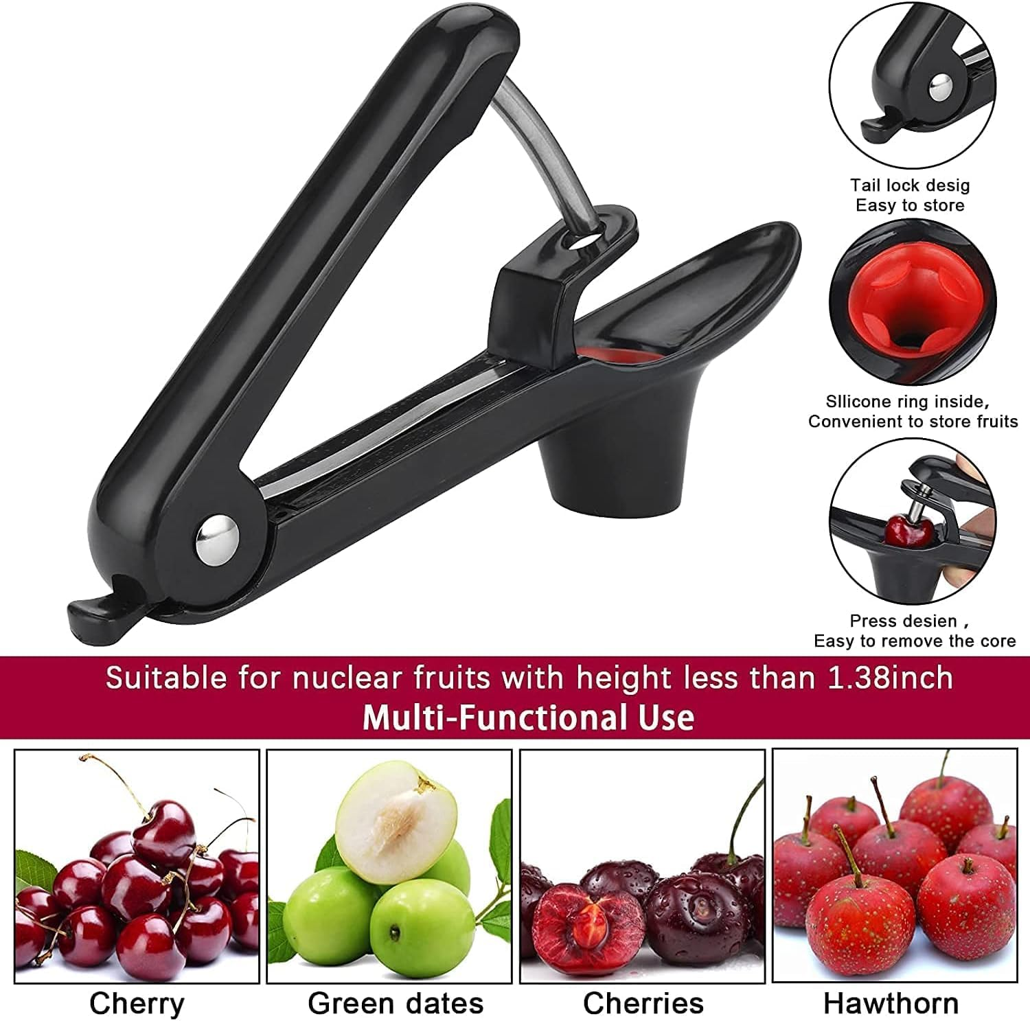 Cherry Pitter - Heavy-Duty Olive and Cherry Pitters Corer Tool with Space-Saving Lock Design, Multi-Function Cherries Stoner Seed Remover Tool for Making Cherry Jam (Black) image number 5