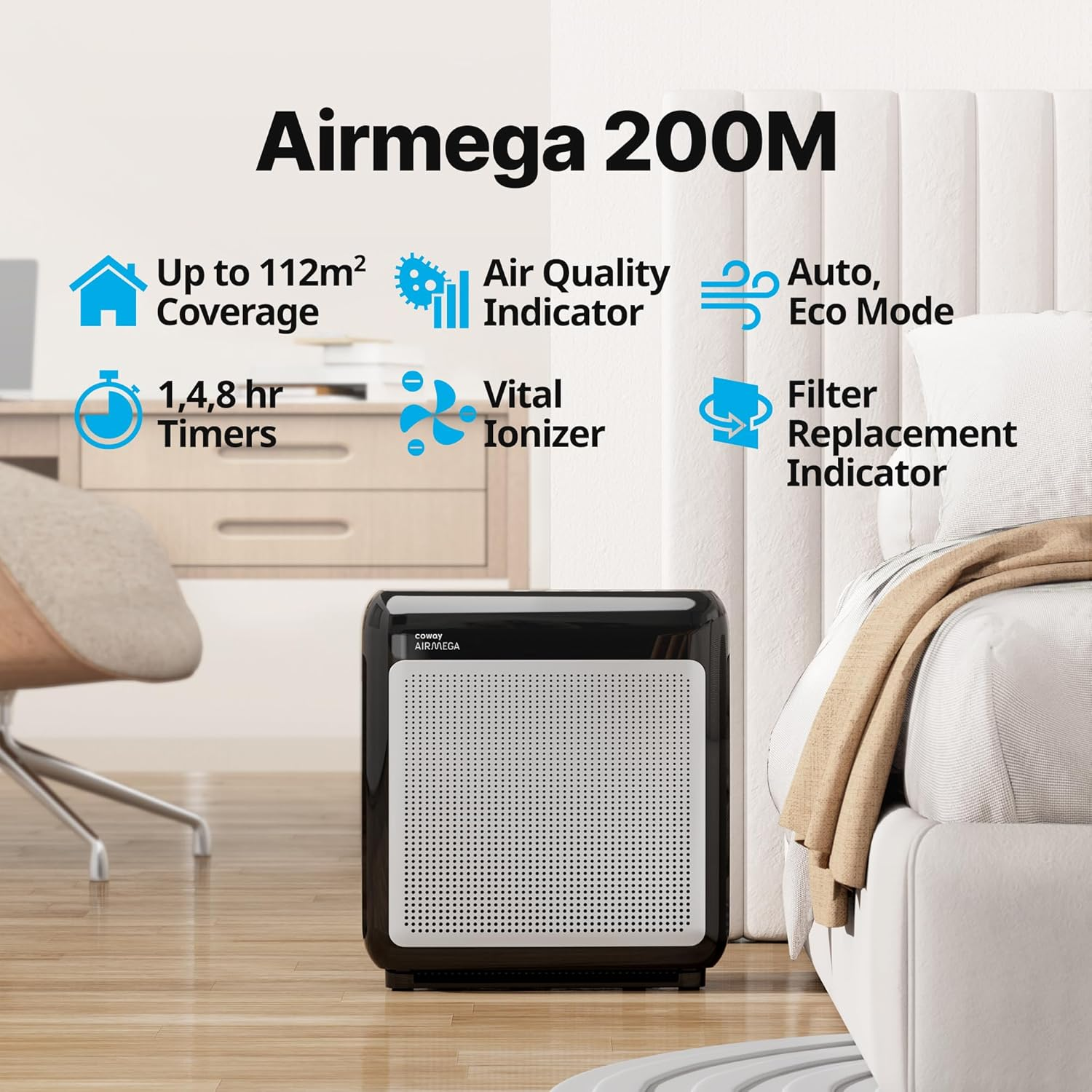 Coway Air Purifier for the Home - Airmega 200M (Black) - 3-Stage Filtration with True HEPA, Auto & Eco Modes, Real-Time Air Quality Monitor, Ideal for Large Rooms up to 112M&sup2; - White image number 6