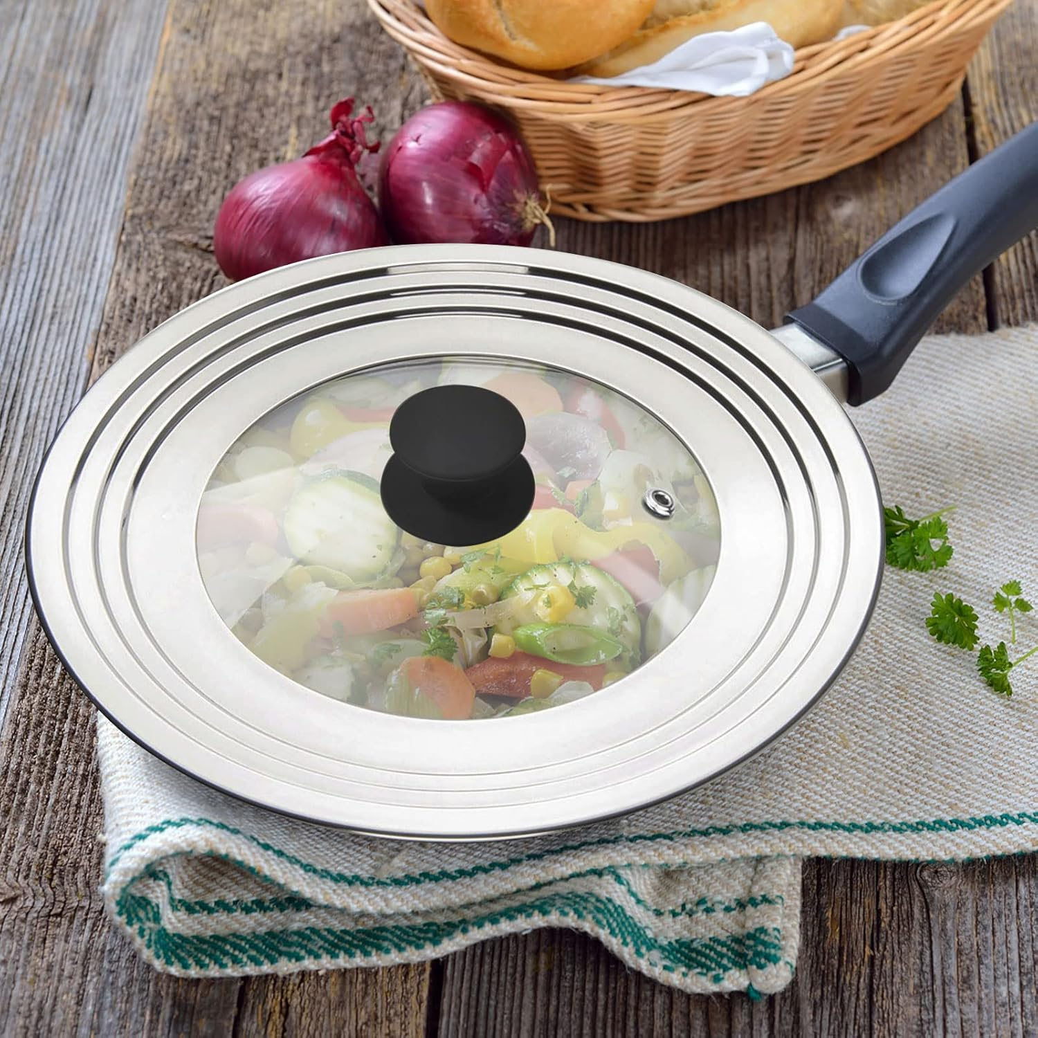 Wishdirect Universal Lid for Pots and Pans - One Size Fits All 21-31Cm Pots Frying Pans Skillets Woks, Replacement Pot Lid with Heavy Duty Heat Resistant Silicone Knob (Black, round Handle) image number 4