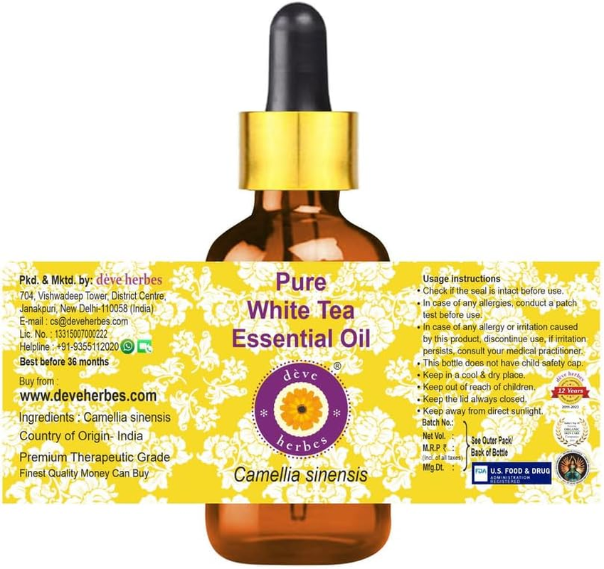 Deve Herbes Pure White Tea Essential Oil (Camellia Sinensis) with Glass Dropper Steam Distilled 100Ml
