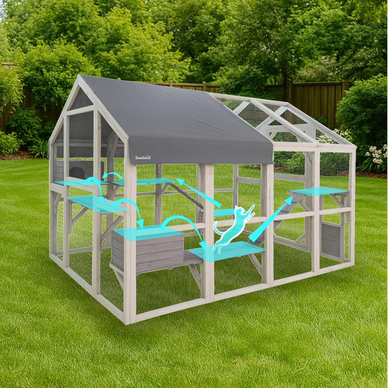 Samland Large Outdoor Wooden Cat Enclosure Catio, Large Cat House and Playpen with Platforms, Ramps, Weatherproof Roof, Walk-In Door and Side Access for Multiple Cats image number 4