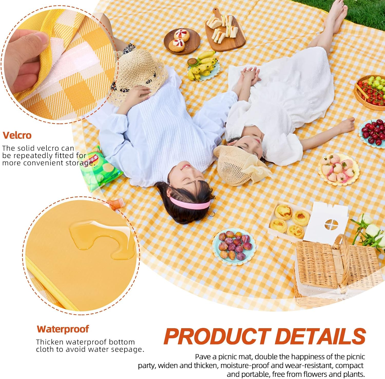 Tanstic Outdoor Picnic Blanket, 79" X 79" Extra Large Waterproof Foldable Beach Mat with Carry Strap for Camping Park (Yellow & White Lattice) image number 3