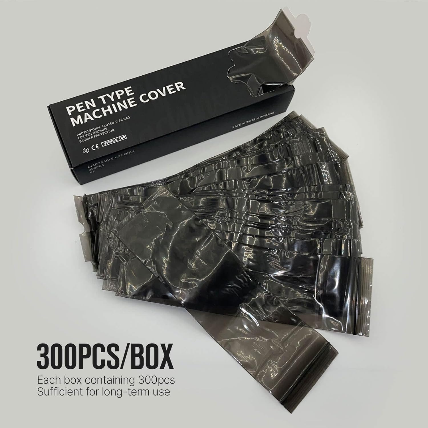 SILVERHORSE 300Pcs Tattoo Machine Covers - Black, 2.4&times;8 Inch, Universal Size, Waterproof, Adult