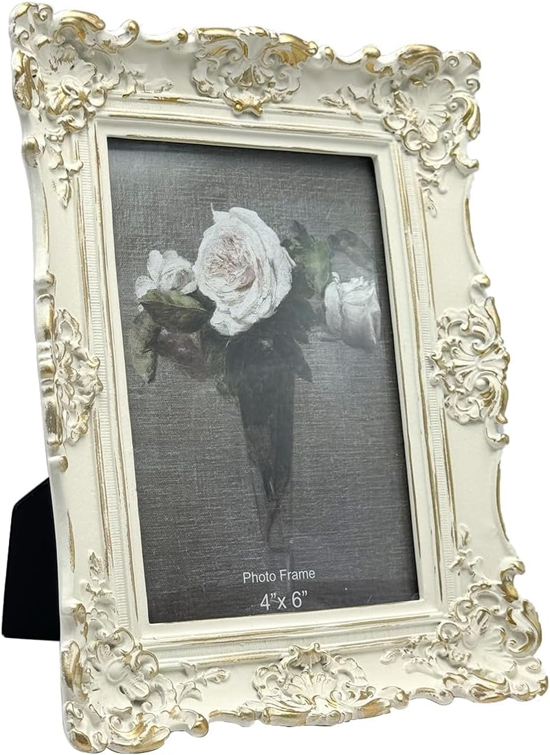CISOO 4X6 Vintage Picture Frame, Antique Ornate White with Gold Photo Frame, for Table Top and Wall Display, Decorative Floral Design Retro Home Decor, Photo Gallery Art image number 1