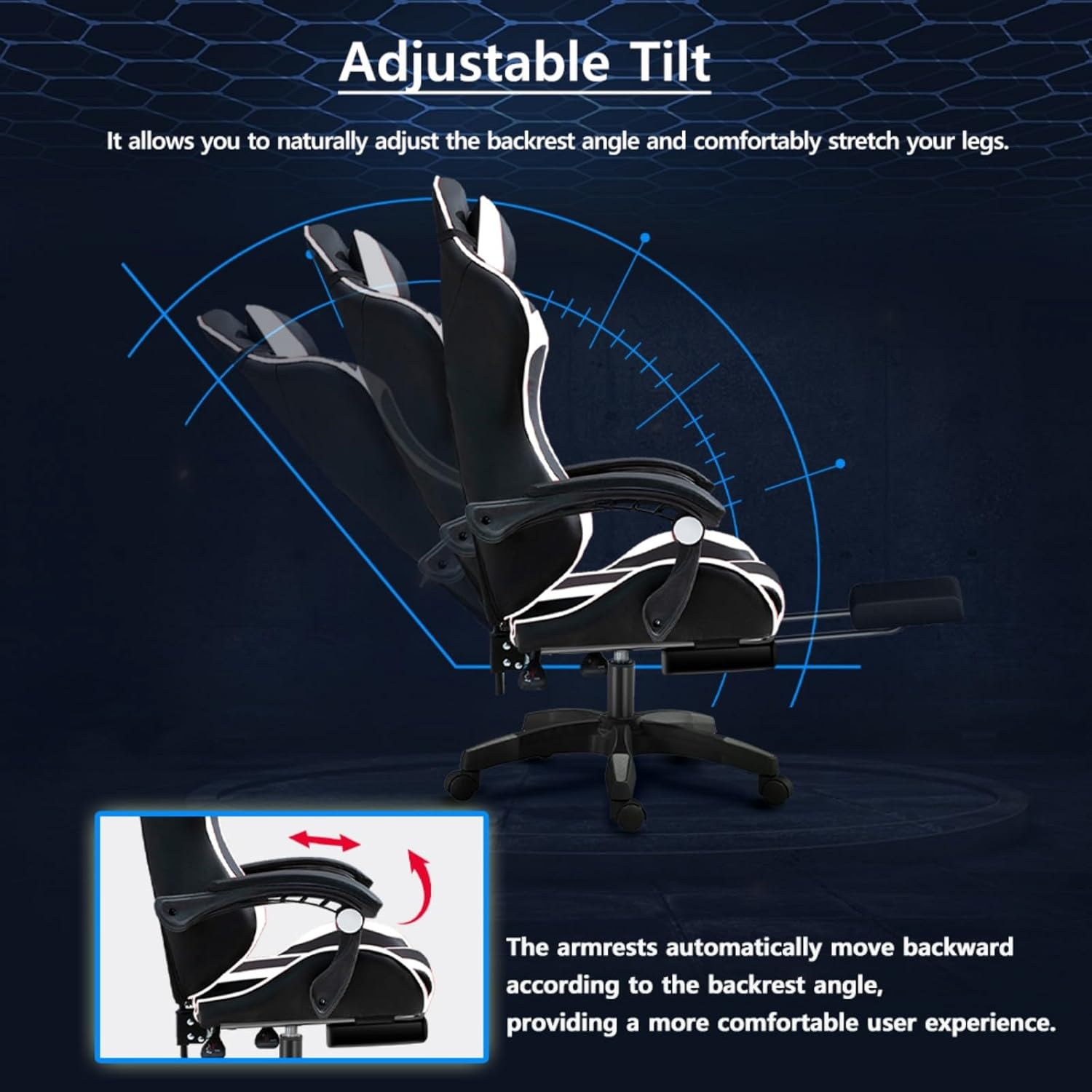 Gaming Chair, Ergonomic Office Chair - PU Leather Reclining Chair with Footrest, Headrest and Lumbar Support, Height-Adjustable, Suitable for Gaming/Office Scenarios (Model 13, Black and White) image number 7