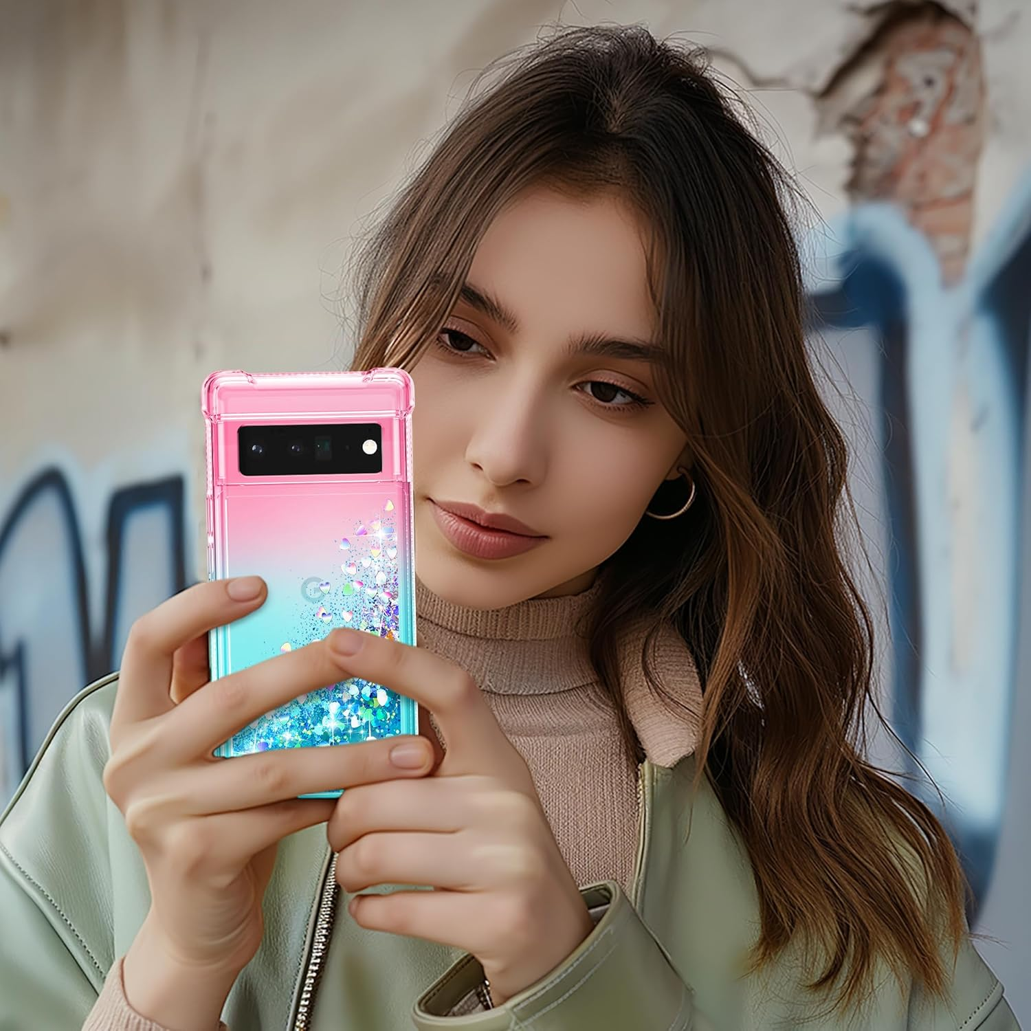 For Pixel 6 Pro Phone Case with Screen Protector*2, Clear Liquid Sparkle Glitter Floating Quicksand Phone Case, Soft TPU Bumper Shockproof Protective, Google 6 Pro Case for Women Girls, Pink/Blue image number 3