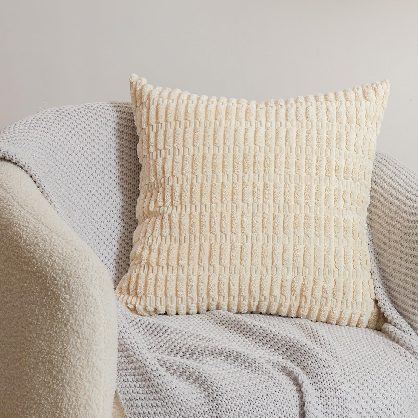 Pack of 2 Corduroy Decorative Throw Pillow Covers 18X18 Inch, Soft Neutral Couch Pillow Covers Boho Plush Striped Cushion Cases Rustic Farmhouse Home Decor for Sofa Bedroom Living Room Couch Balcony