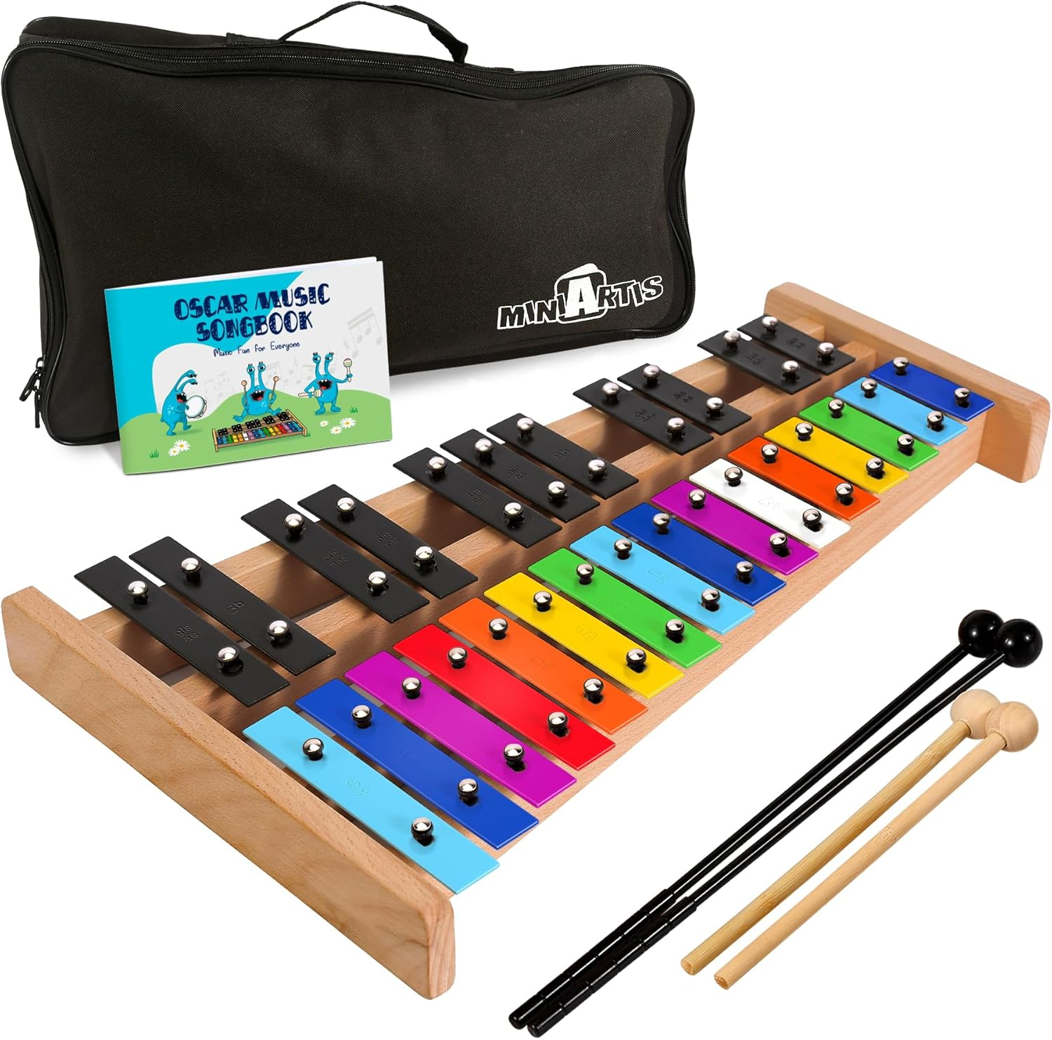 MINIARTIS Glockenspiel Xylophone | Full Size Glockenspiel Xylophone 27 Note Colorful Metal Keys for Adults & Kids | Percussion Musical Instrument Includes 2 Wooden Beaters, Songbook and Carry Case