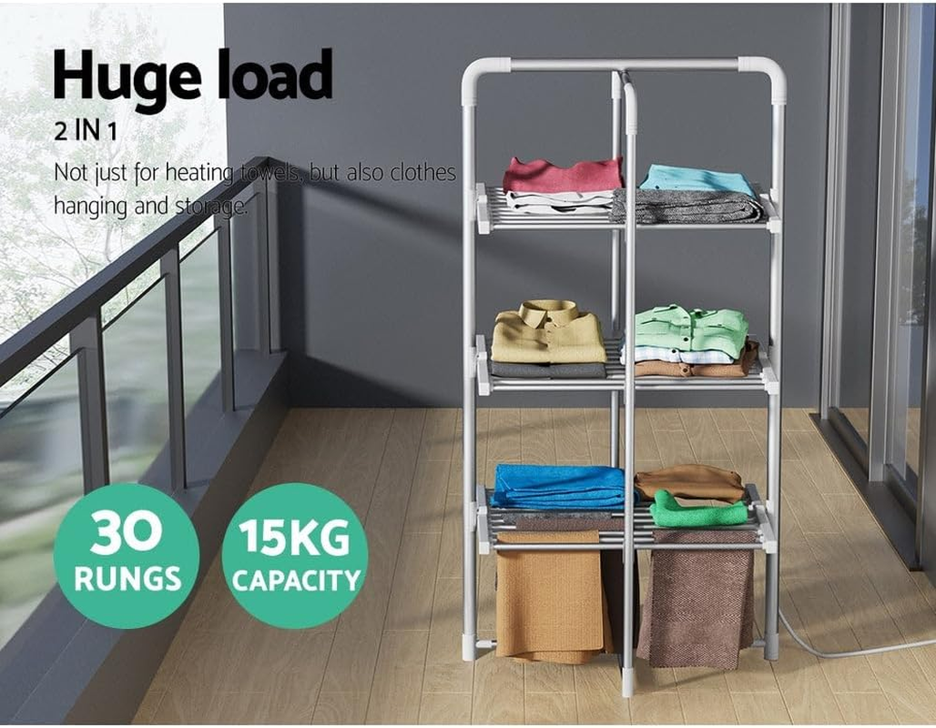 Devanti Heated Towel Rail, Aluminum Electric Towels Rack Warmer Clothes Rails Airer Drying Racks Bathroom Holder Foldable Free Standing Clothe Heater Dryer, 300W 3 Min Warm 40-55&deg;C 30 Rods Silver image number 5