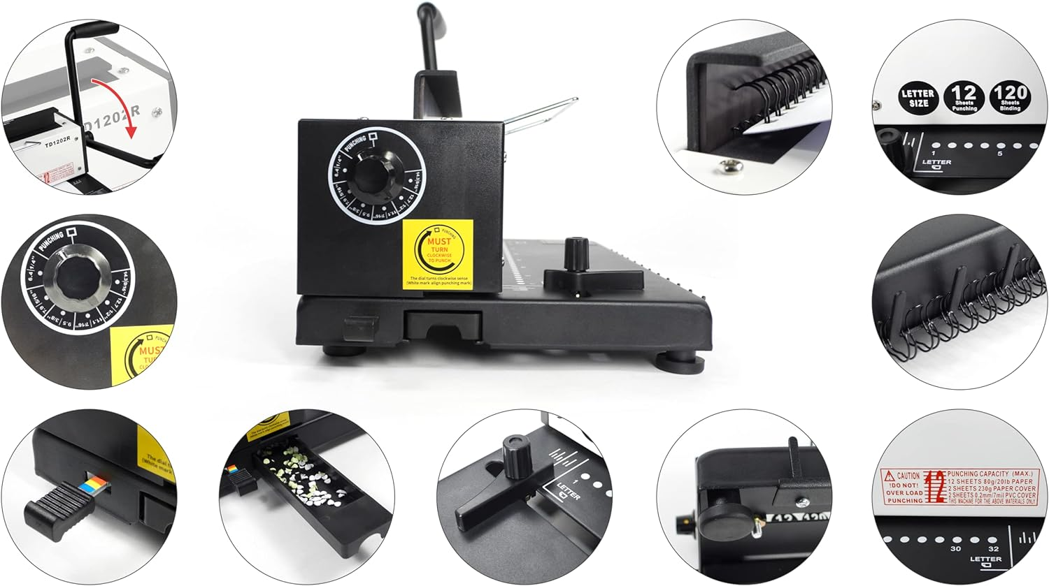 Rayson TD1202R Binding Machine, 3:1 Pitch Wire Binding Machine, round Holes, Punch 12 Sheets/Bind 120 Sheets with Sturdy Metal Construction image number 4