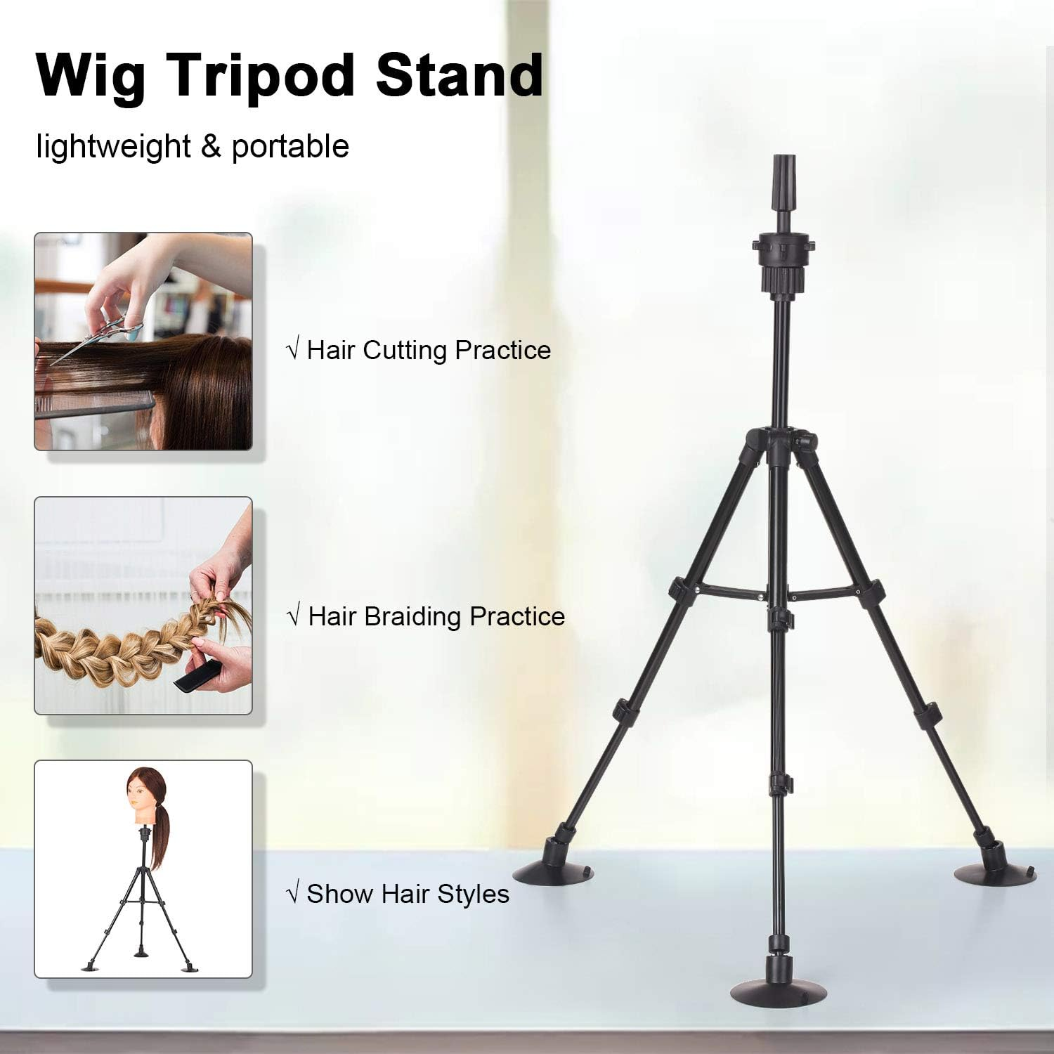 Wig Stand Tripod with Suction Cups Mini Adjustable Mannequin Head Stand Manikin Head Tripod Stand Portable Cosmetology Hairdressing Training Mannequin Head Stand image number 5