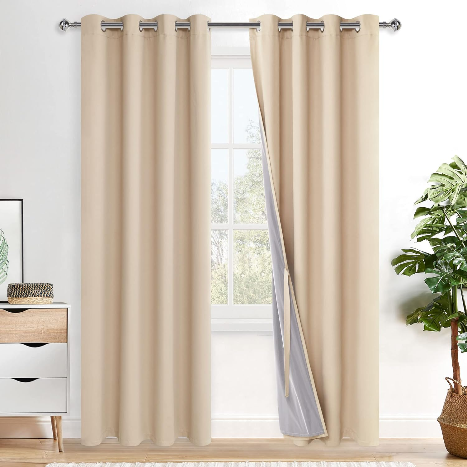 XWZO 100% Blackout Curtains for Bedroom/Living Room - Privacy Protection & Noise Blocking Window Drapes Grommet Top with Black Liner with Tiebacks, Biscotti Beige, W132Cm X D213Cm, Set of 2