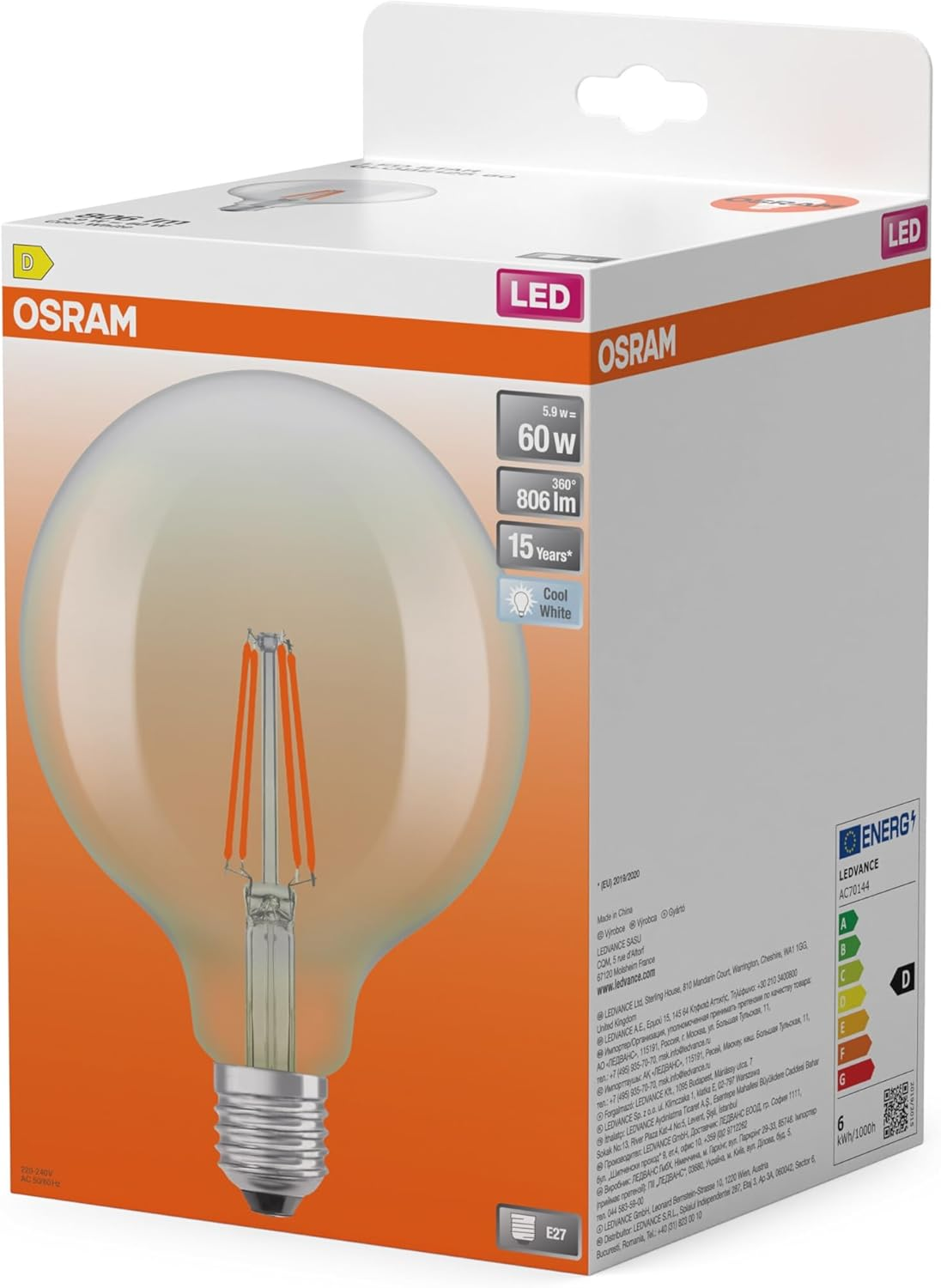 OSRAM LED Star Globe Classic Ball LED Lamp 5.9W / 806Lm 4000K for Cool White Light CRI 80 Clear Lead-Free Glass E27 Base IP20 EEK D 125Mm Diameter image number 1