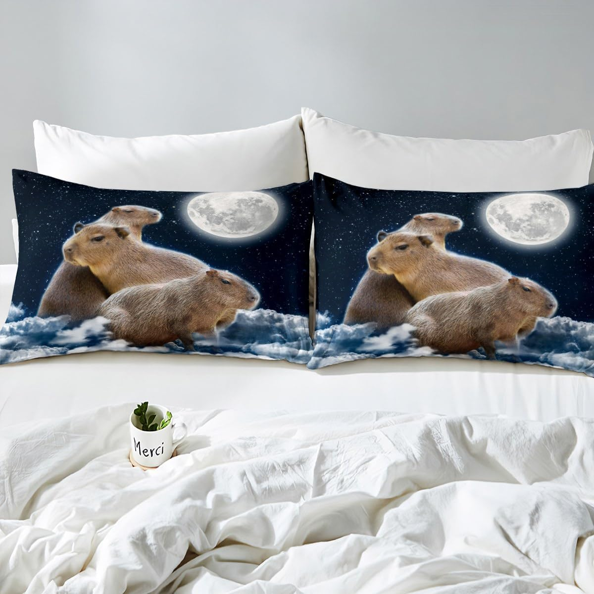 Homewish Children'S Capybaras Duvet Cover 155 X 220 Cm Cartoon 3D Animal Bedding Set Funny Rodent Animal for Teens Girls Boys Galaxy Starry Moon Duvet Cover for Capybara Lovers Home Decor