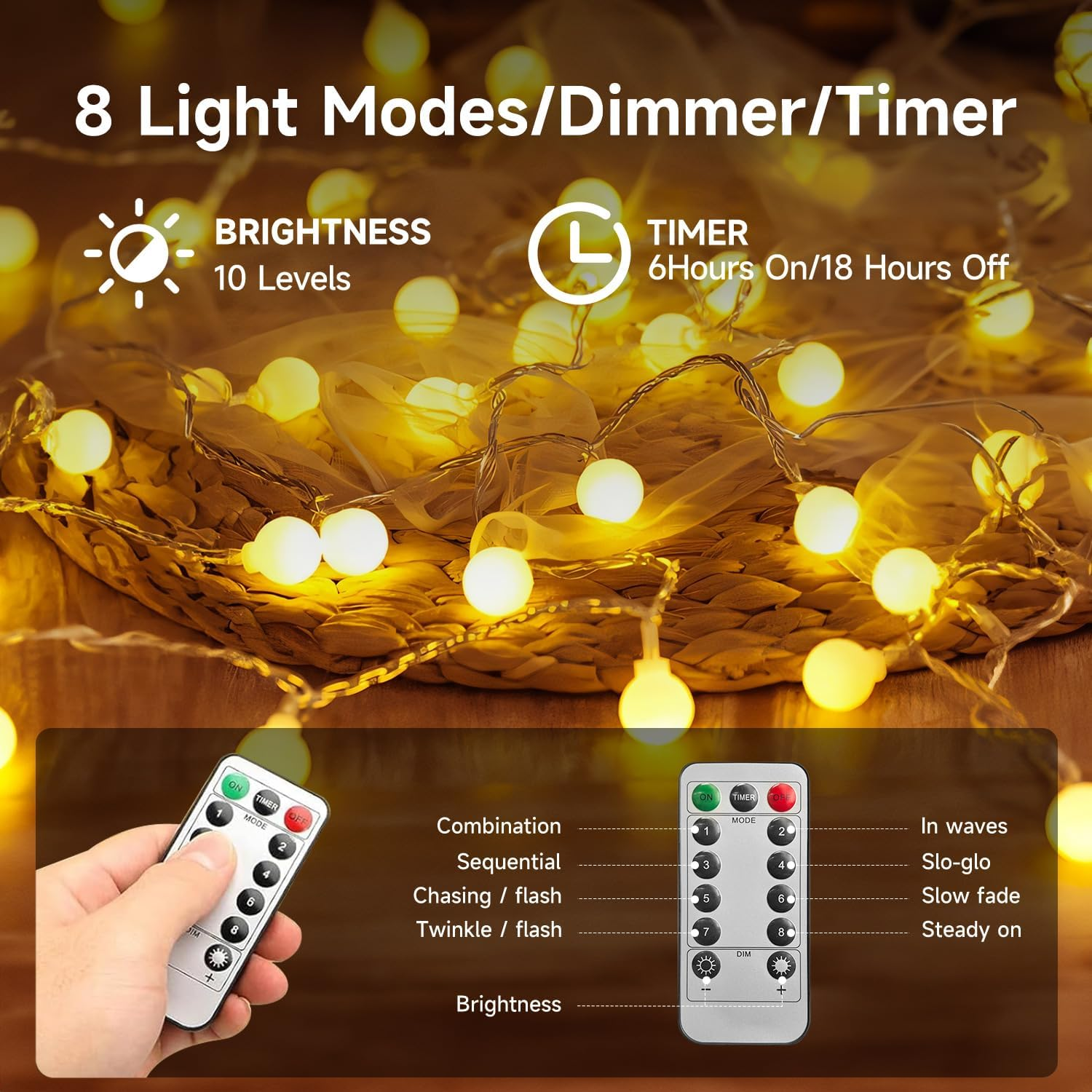 Theapro Fairy Lights Globe String Lights 33Ft 100LEDS with 8 Mode Remote Battery Powered Waterproof Indoor Outdoor Christmas Lights Decorative for Bedroom Diwali Party Garden Wedding (Warm White) image number 1