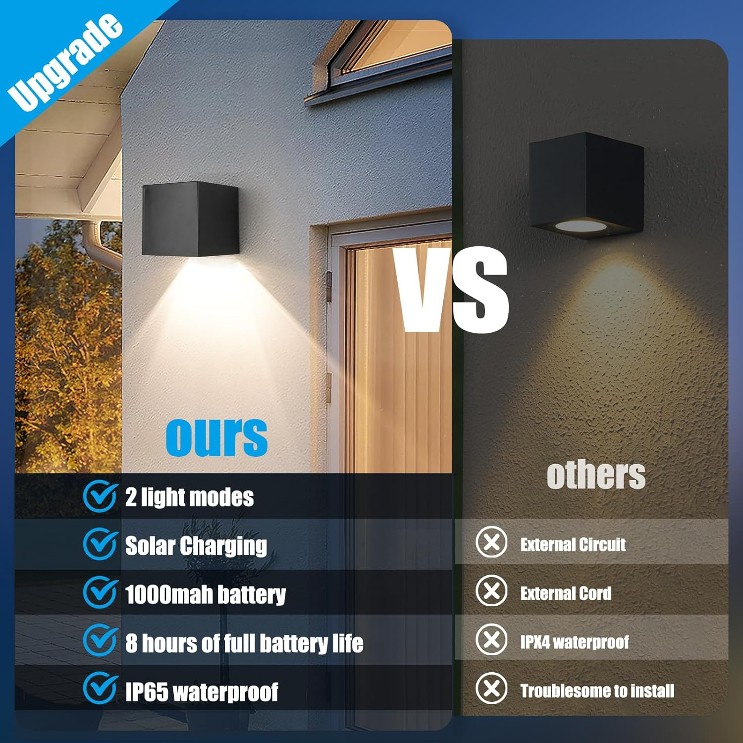 Solar Wall Light Outdoor Pack of 4 Solar Lights for Outdoor Garden with 2 Lighting Modes, IP65 Waterproof Wall Light, Solar Lights, Fence Light for Wall, Patio, Garden, Steps, Stairs, Fences