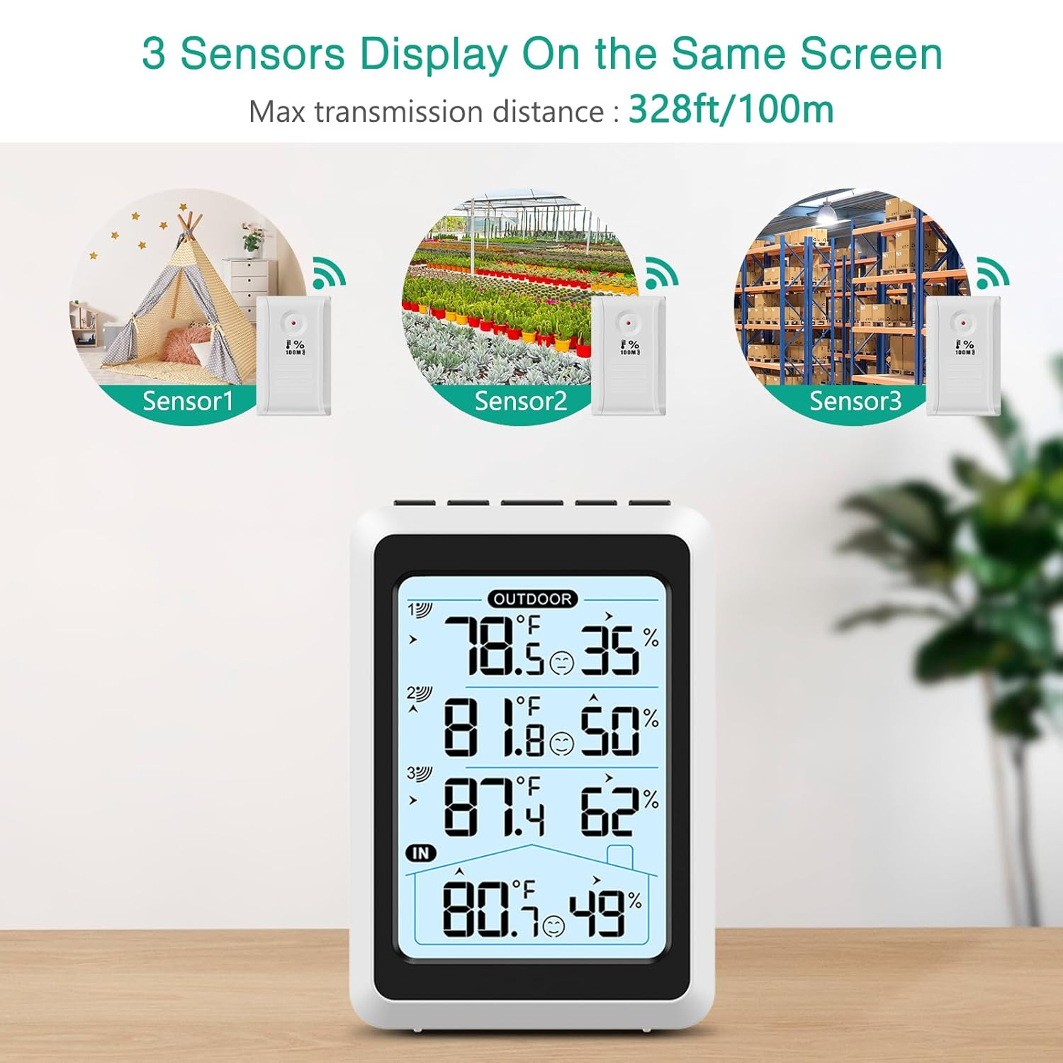 ORIA Digital Thermometer Hygrometer, Indoor Outdoor Temperature Humidity Monitor with 3 Remote Sensors, Wireless Thermometer with Backlight, Comfort Icon, Min/Max Records, for Home, Garden, Greenhouse image number 4