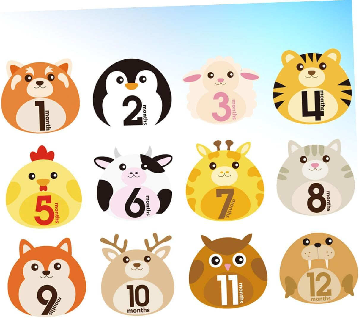 GALPADA 12 Sheets Animal Design Monthly Milestone Stickers Self-Adhesive Decals for Newborns Reusable Belly Stickers for Memorable Photo Albums image number 1