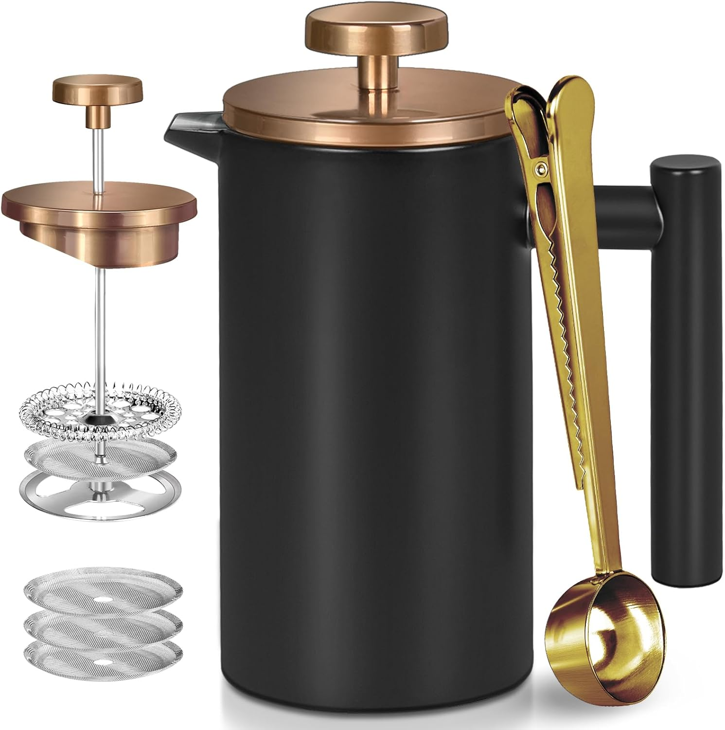 WORBIC French Press Coffee Maker, 34 Ounce Double-Wall Insulated Stainless Steel, 3 Level Filtration System with 3 Extra Filter Screens, French Press for Home, Camping and Office, Silver