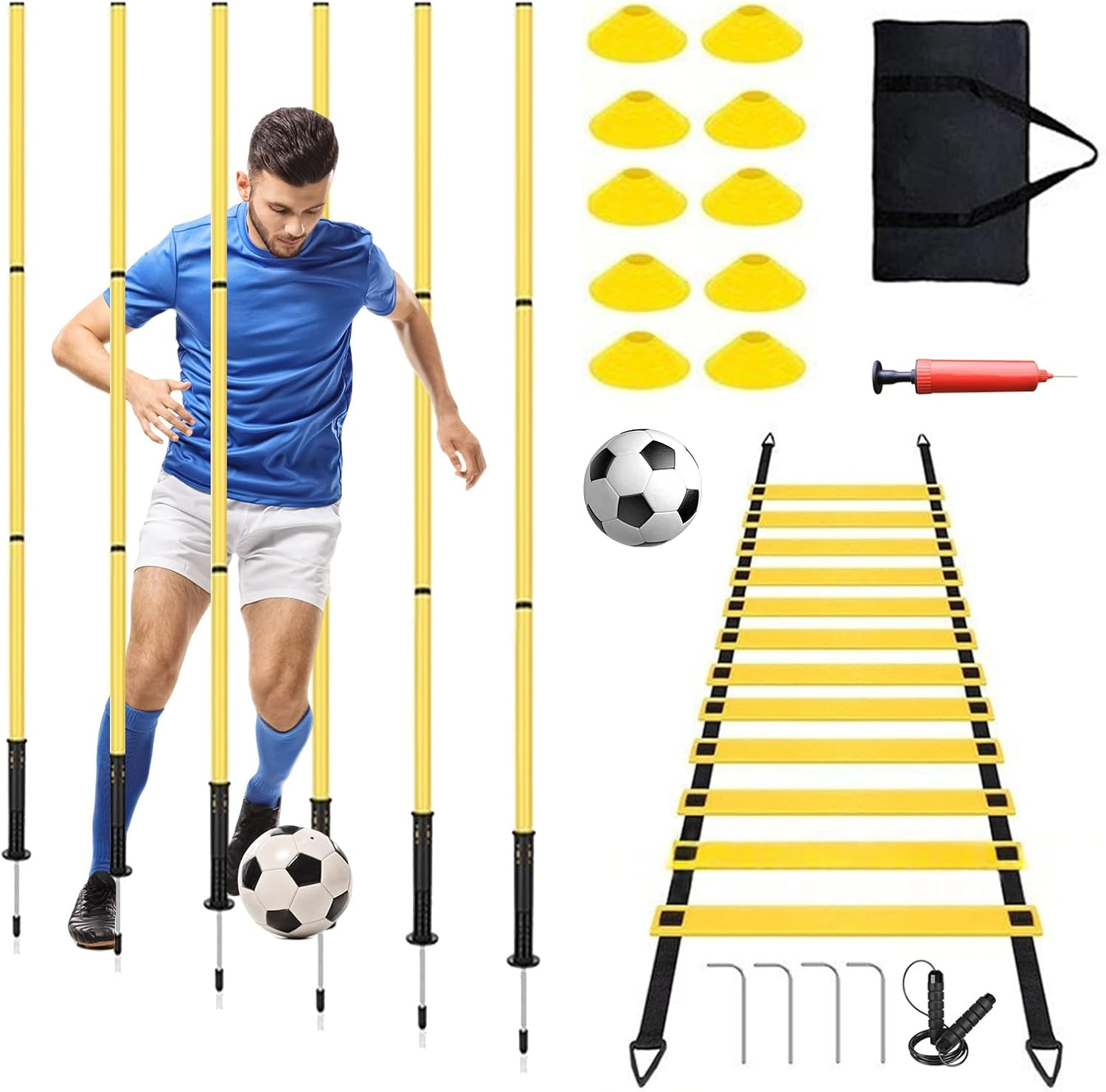 Soccer Agility Training Equipment Set: 6 Soccer Training Poles,19.7Ft Agility Ladder,10 Cones,1 Jump Rope,1 Mini Ball Pump,1 Football,Basketball Football Training Equipment for Kids Youth Adults. image number 3