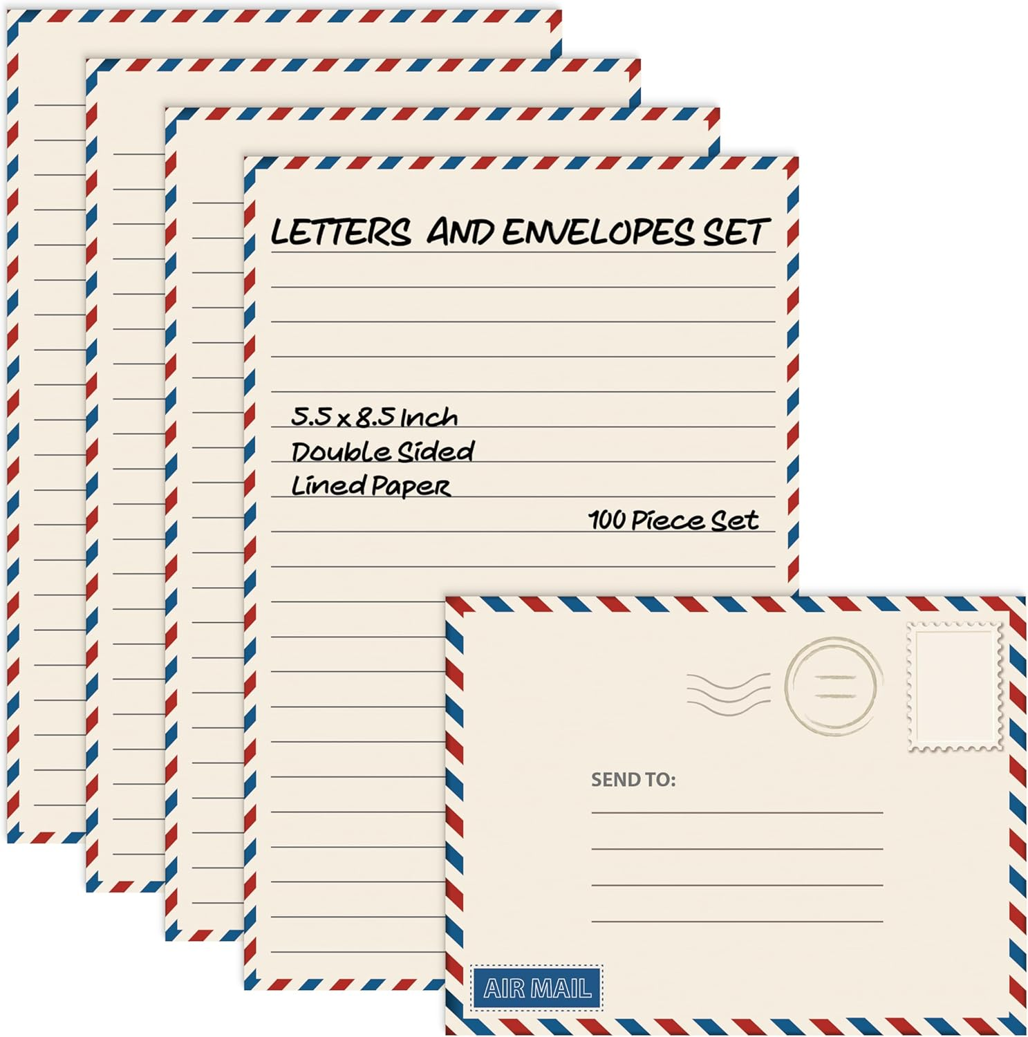 Better Office Products Mini Stationery Set, 100 Piece Set (50 Lined Sheets + 50 Matching Envelopes), 5.5 X 8.25 Inch, Vintage Airmail Design, Double Sided Printing, Double Side Lined Paper, By