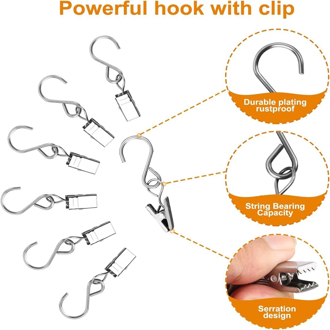60PCS Curtain Clips with Hooks, Heavy Duty Stainless Steel Metal Clips with Hooks Gutter Hooks for Hanging Party Lights Clips, Photos, Outdoor Activities Supplies, Art Craft Home Decoration image number 1