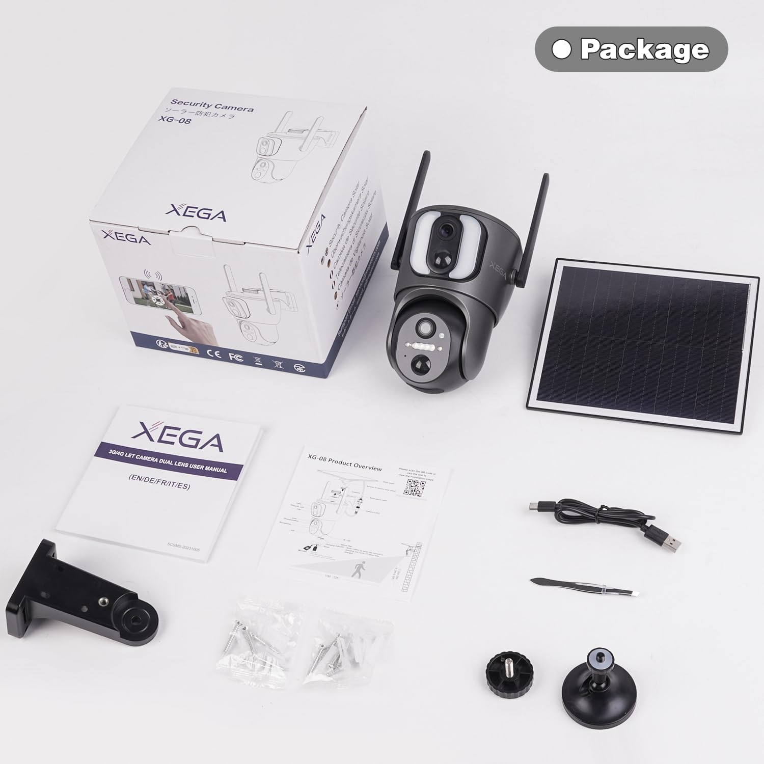 Xega 4G【Dual Lens】 Security Camera Outdoor with SIM Card, 14400Mah Solar Powered Wireless No Wifi Security Camera, 2K HD PTZ CCTV with Human Detection Spotlight Siren Alert TF Cloud Storage IP66