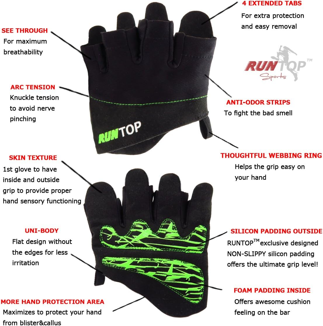 RUNTOP Workout Gloves Weight Lifting Grips with Silicon Padding Exercise Gloves Perfect for Women Men Crossfit Training WODS Weightlifting Bodybuilding Powerlifting Gym Fitness