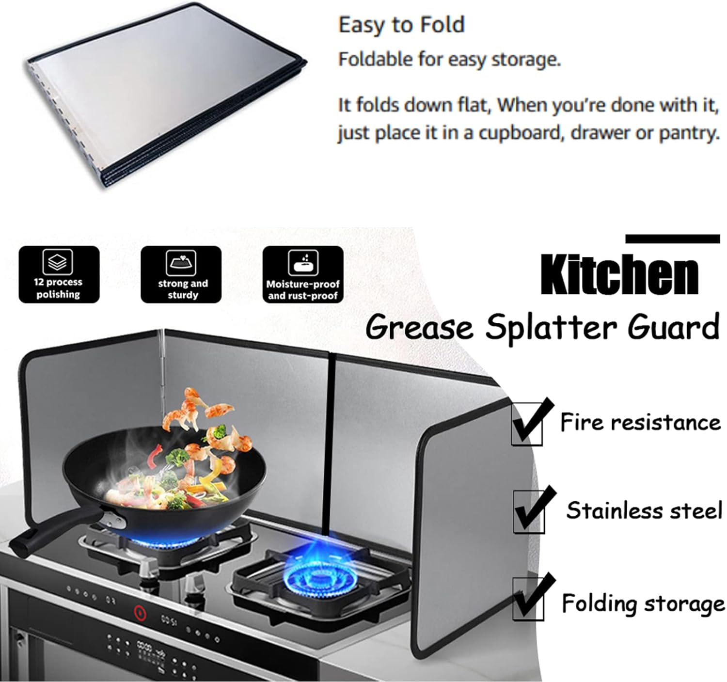 4 Sided Splatter Guard, Foldable Stainless Steel Oil Splatter Shield Guard Grease Splatter Screen, anti Splatter Sheet Oil Splatter Proof Baffle Splatter Guard Stove image number 5