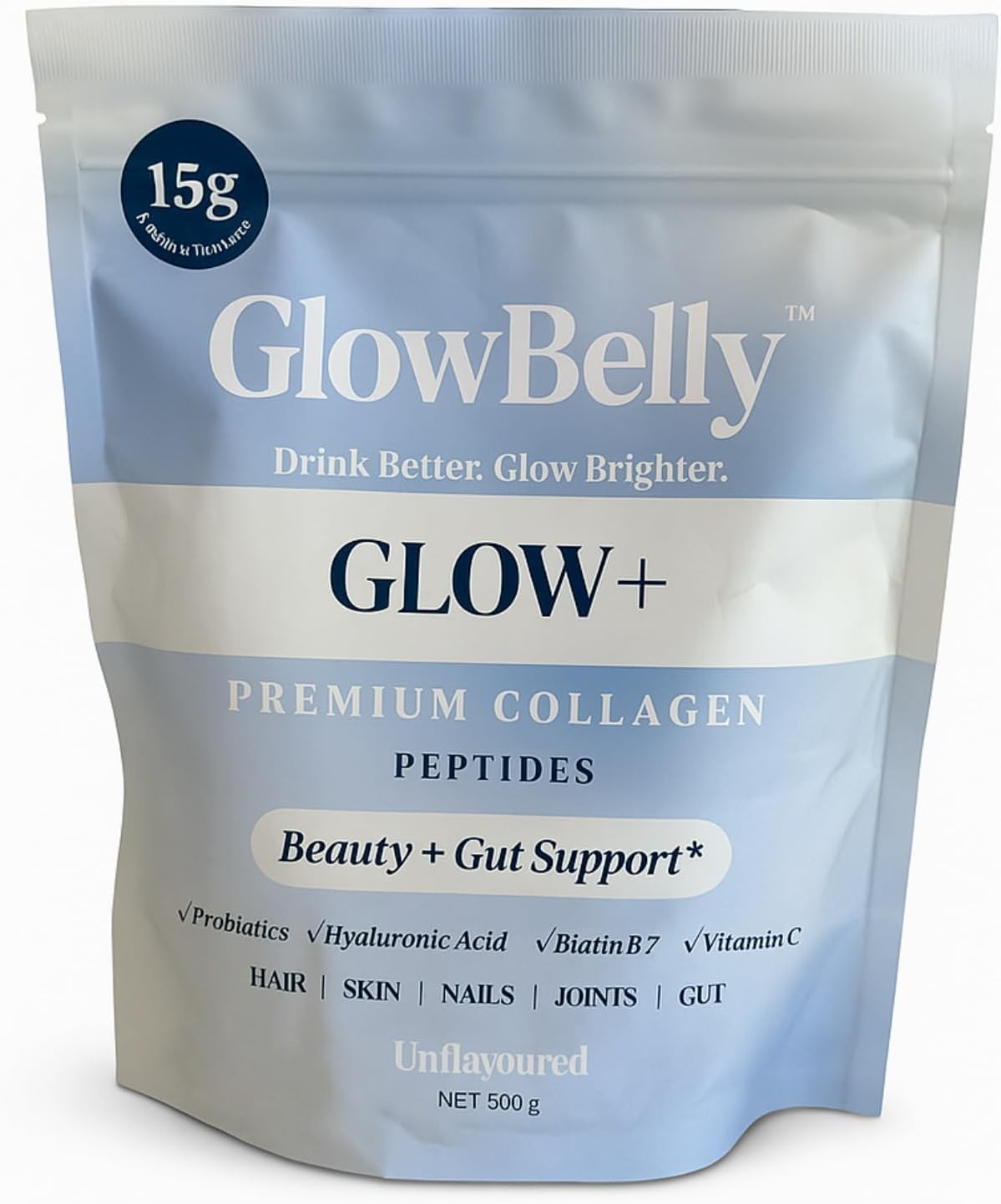 Premium Collagen 15G Protein Powder Peptides W/ Probiotics Ultra High Content, Rapid Absorption Hair, Skin, Joints, Nails plus Gut Support, Hyaluronic Acid, Biotin, Vitamin C, Glowbelly Glow (300, Unflavoure) image number 3