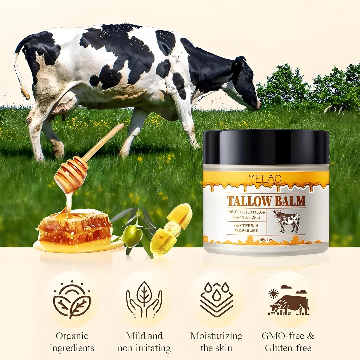 Beef Tallow and Honey Balm for Skin: Grass Fed Whipped Beef Tallow with Honey Face Body Moisturizer - Tallow Cream Infused with Manuka Honey Beeswax Olive Oil image number 4