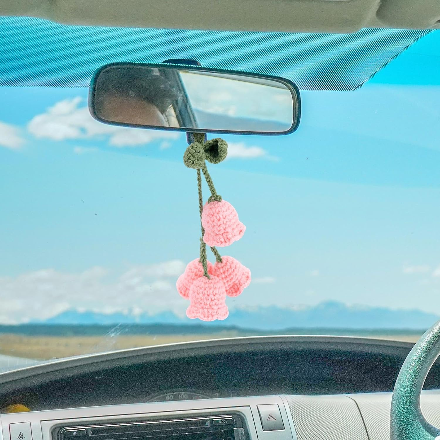 2Pcs Crochet Lily of the Valley Car Accessories, Cute Floral Rear View Mirror Hanging Decor Knitted Pendant for Women Perfect for Personalizing Your Car Interior (Pink)