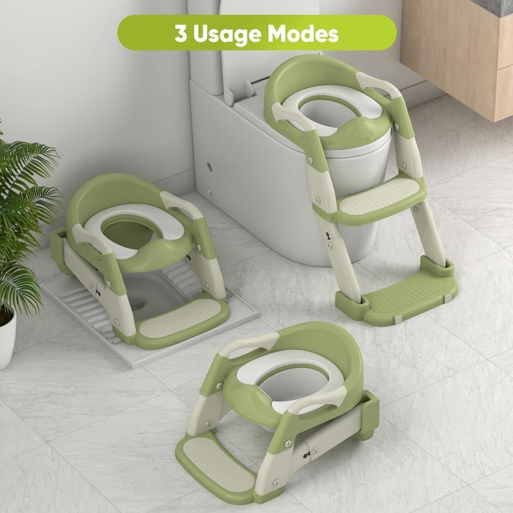 Uandhome Potty Training Seat,3-In-1 Toddler Potty Training Toilet Seat with Foldable Ladder for Kids Boys Girls, Adjustable Height Potty Chair with Anti-Slip Steps Safety Handles Soft Cushion(Green) image number 4