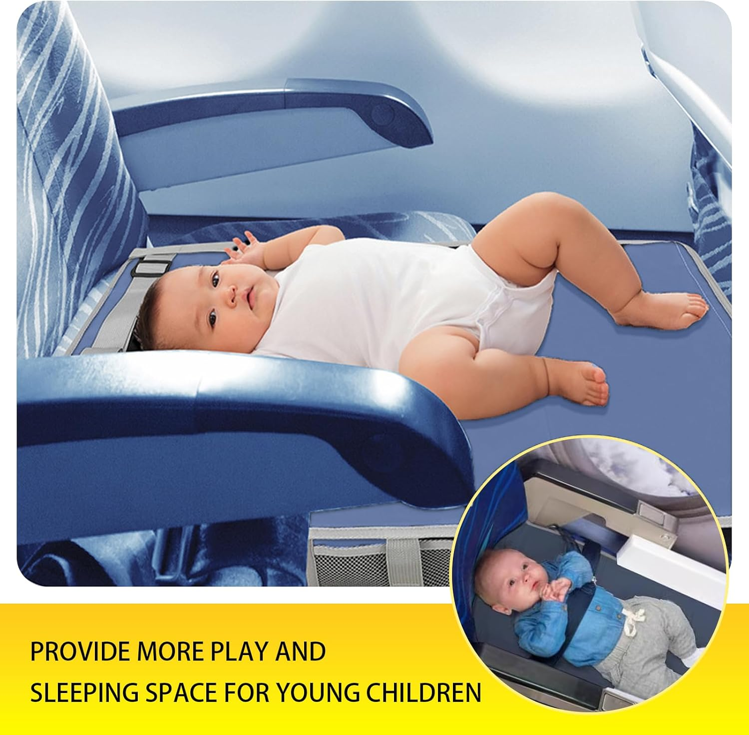 Blue Airplane Bed for Toddler 76&times;44.5Cm, Airplane Seat Extender for Travel Waterproof Lightweight Airplane Foot Hammock Suitable for All Aircraft Seats,Comfortable Flight Companion for Your Child image number 1