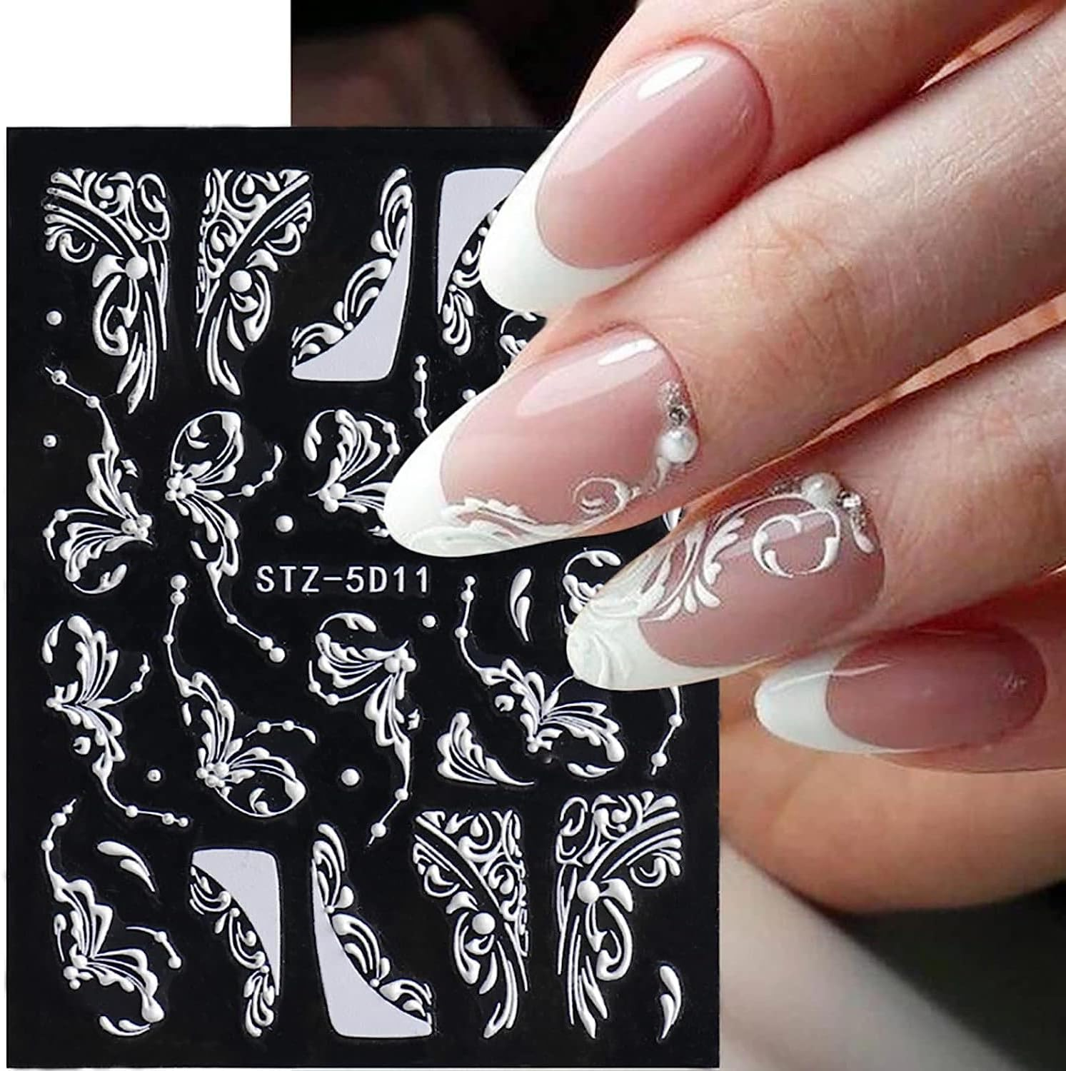Flower Nail Art Stickers Decals, 8 Sheets 5D Engraved Flower Nail Decals White Wedding Nail Art Accessories French Tips Nail Designs Self Adhesive Lace Flower Carving Nail Stickers for Women Girls image number 3