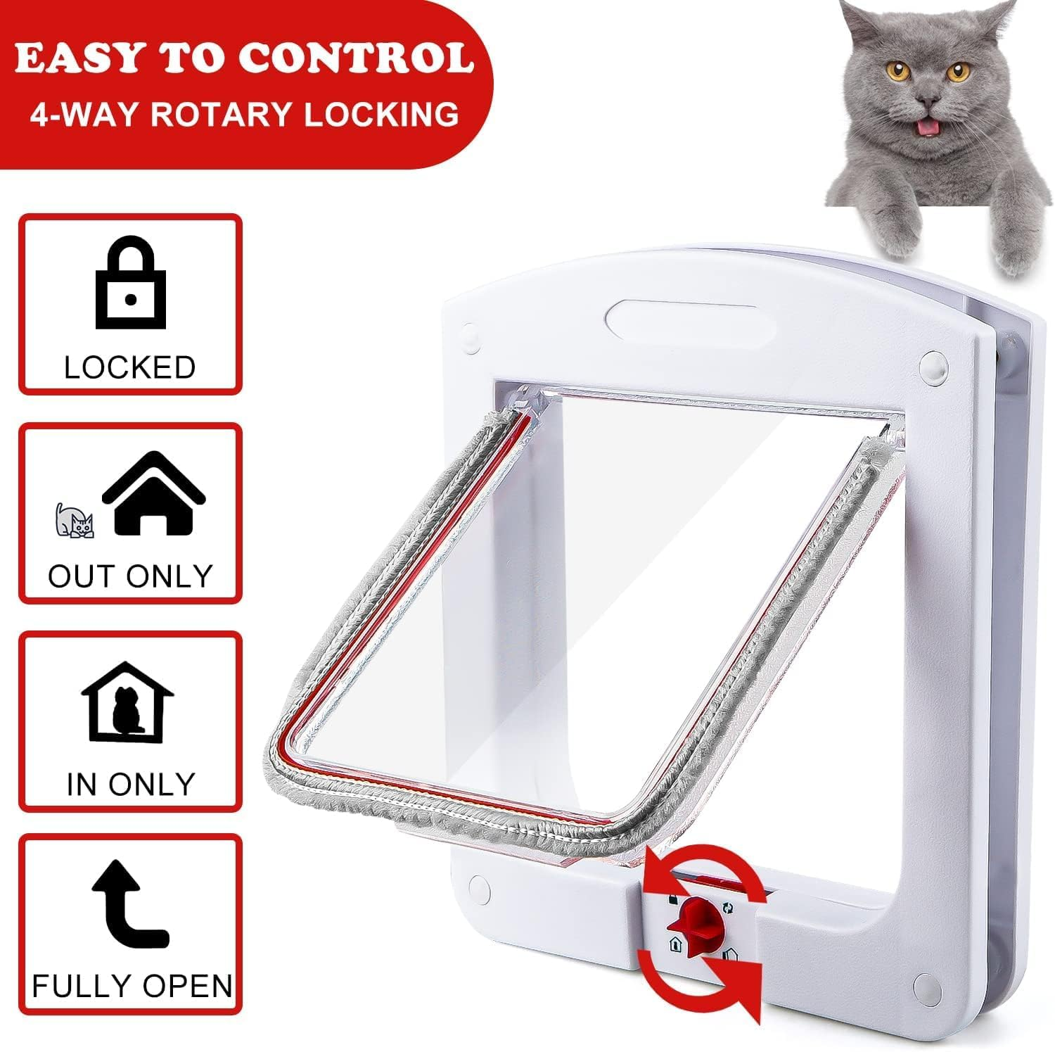 Cat Flap Cat Door, 4-Way Closure with Magnets, Cat Hatch, Manual Quiet Pet Hatch for Wall/Wooden Door/Upvc Door