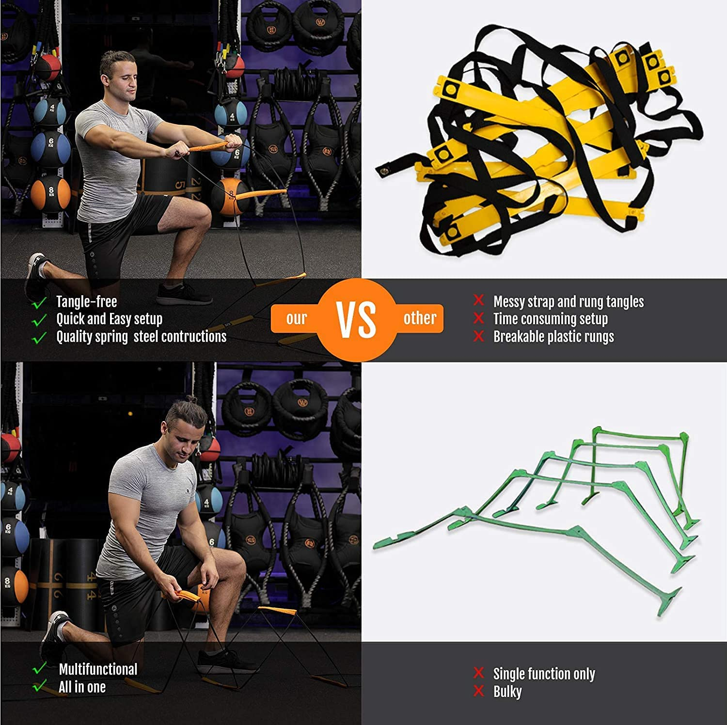 All-In-One Agility Ladder Speed Training Equipment and Speed Hurdle Workout Ladder and Basketball Soccer Agility Ladder Foldable Instant Set-Up and Tangle-Free (8 Rung 4 Rung 8+4 Rung 4X3 Rung) image number 5