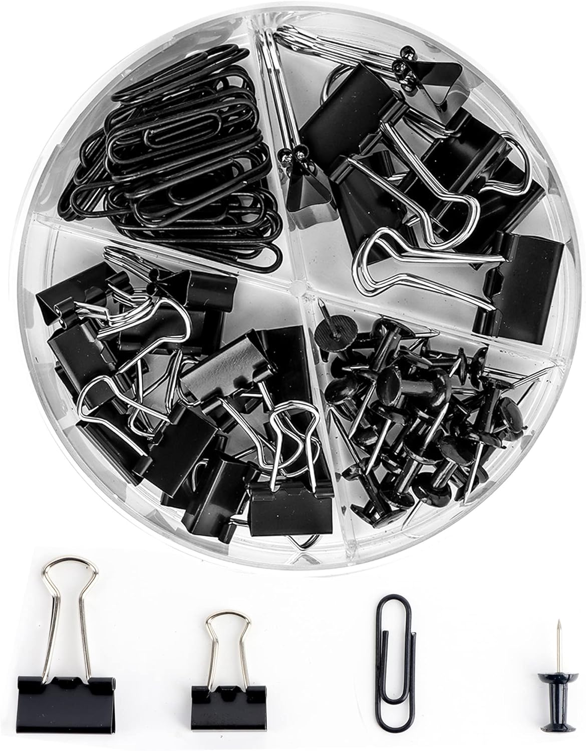 Paper Clips and Binder Clips Set, Metal Assorted Sized Binders with Push Pins, Black Office Supplies for Desk, Durable Desk Accessories
