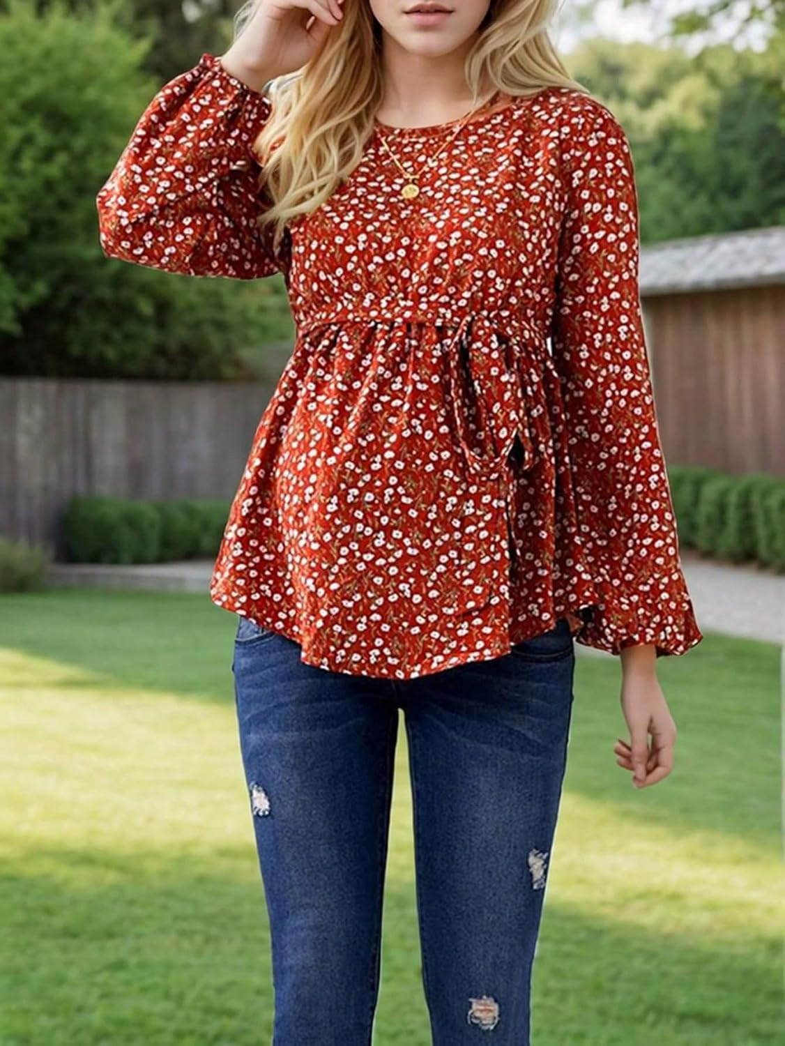 Women'S Maternity Shirt Floral Long Sleeve Belted Pregnancy Peplum Blouse Top image number 1