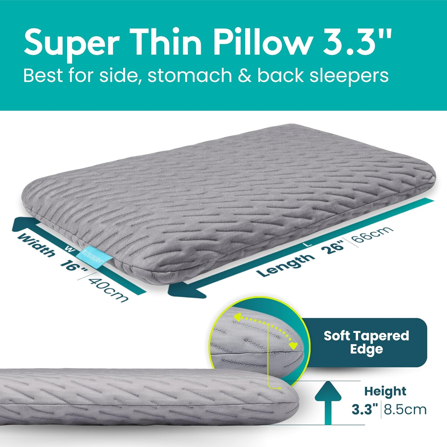 BLISSBURY 8.5Cm Super Thin Pillow for Sleeping | Premium Memory Foam Flat Pillow for Stomach Sleeper | Back & Stomach Sleeping Pillow | Certified Foam for Neck & Back Support, Removable Case image number 2