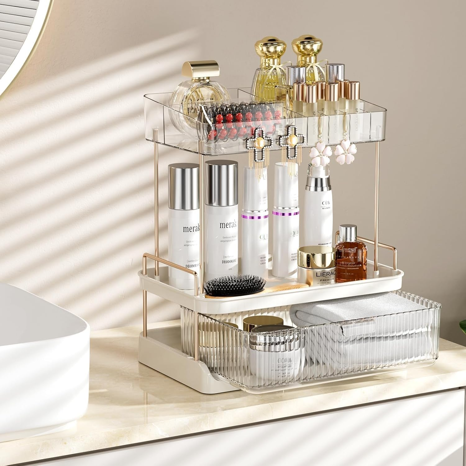 2-Tier Bathroom Counter Organizer with Large Drawer and Compartments, Clear Skincare and Makeup Organizer for Countertop, Multi-Purpose Cosmetic Storage Box