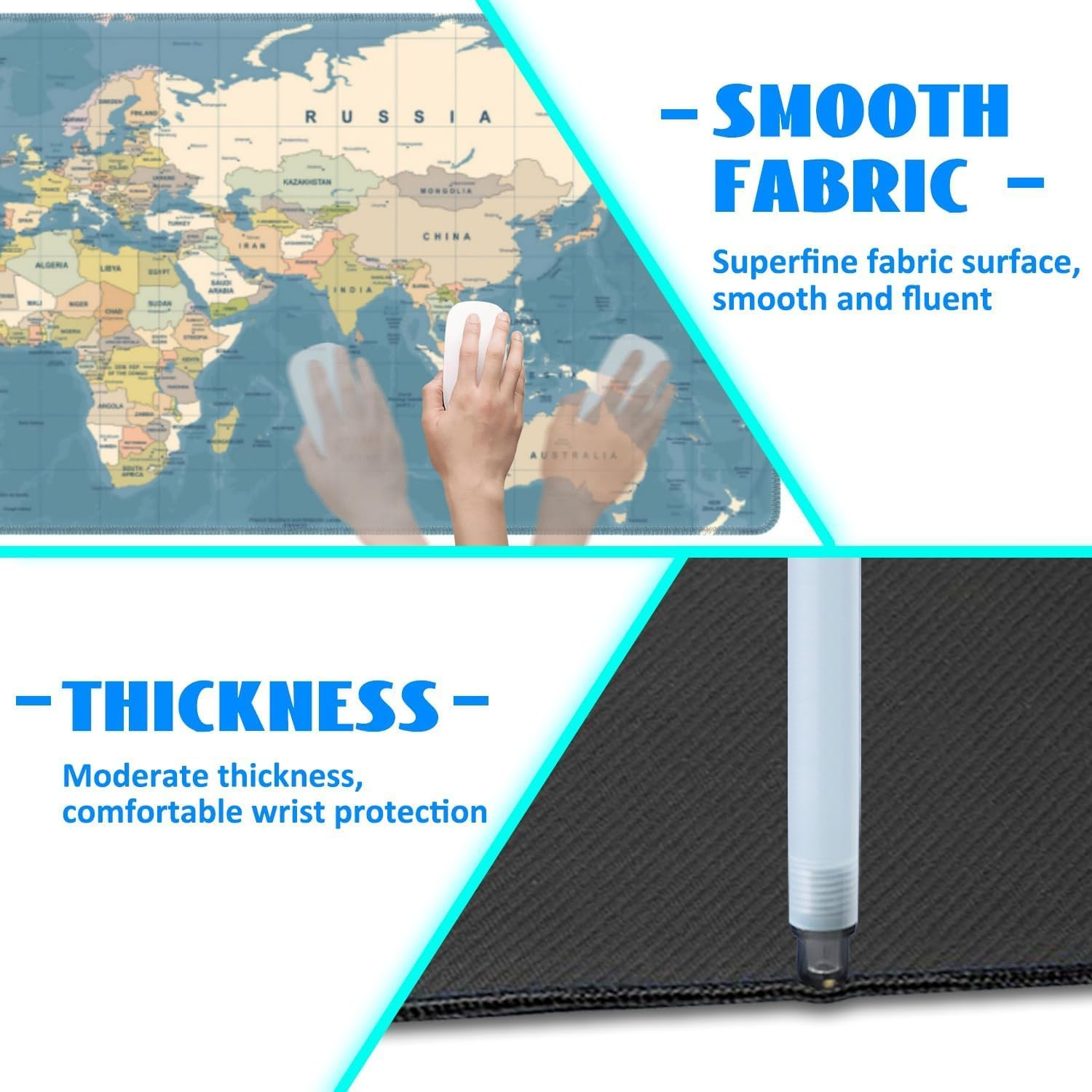 Desk Mat, Blue Vintage World Map Extended Gaming Mouse Pad Large, Big Mouse Pad with Non-Slip Base and Stitched Edge, Long Computer Keyboard Mouse Mat for Home Office Work (31.5"X11.8") image number 4